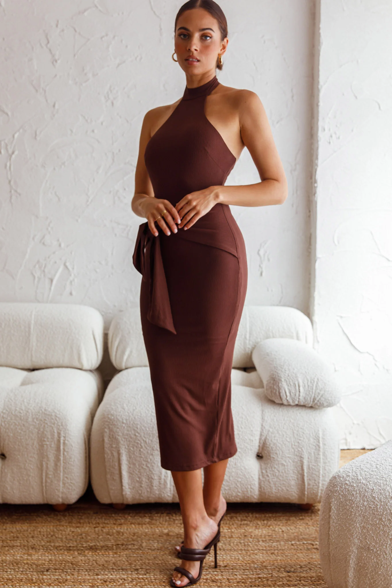 Rapt Waist Tie Halterneck Knit Midi Dress Chocolate - Image 3