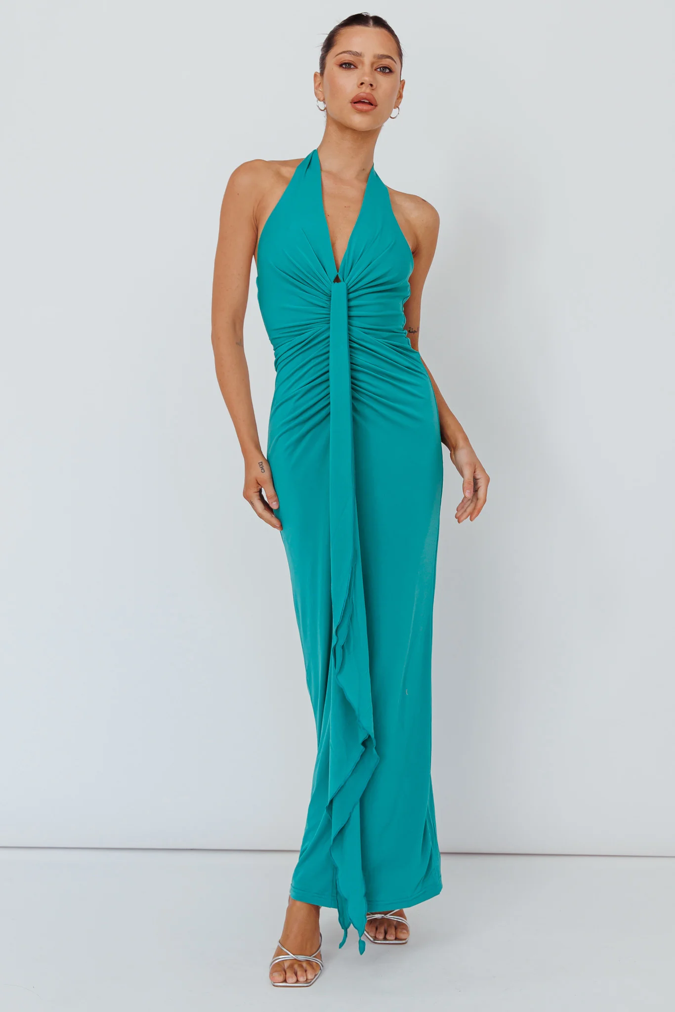 Ray Of Light Ruched Halterneck Maxi Dress Green - Image 5