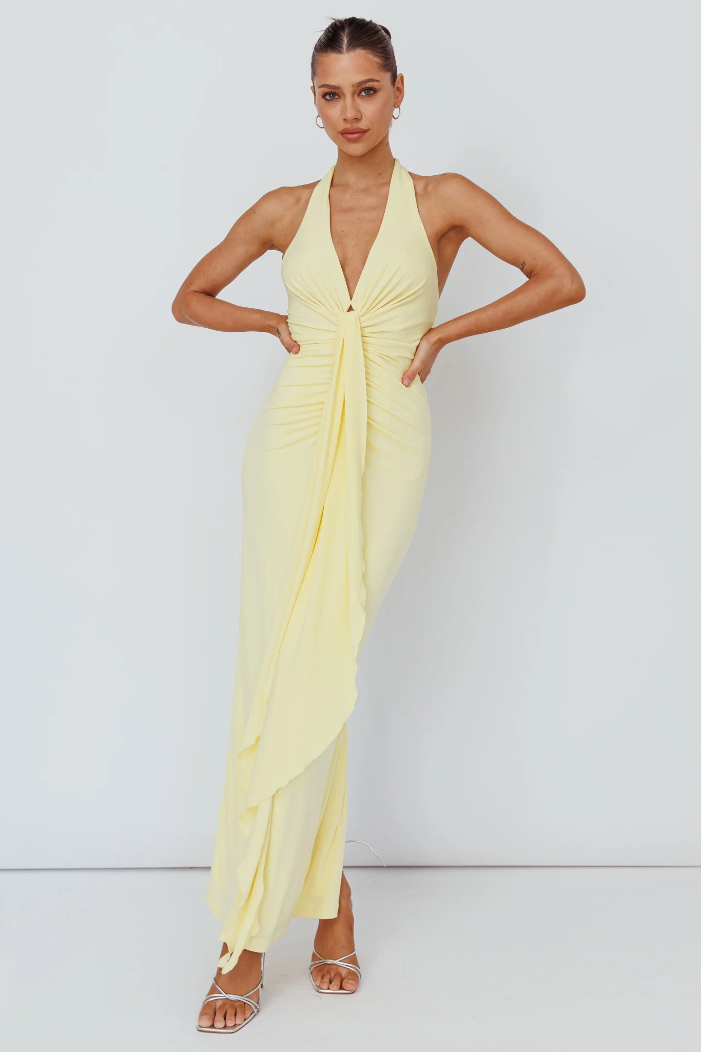 Ray Of Light Ruched Halterneck Maxi Dress Lemon - Image 2