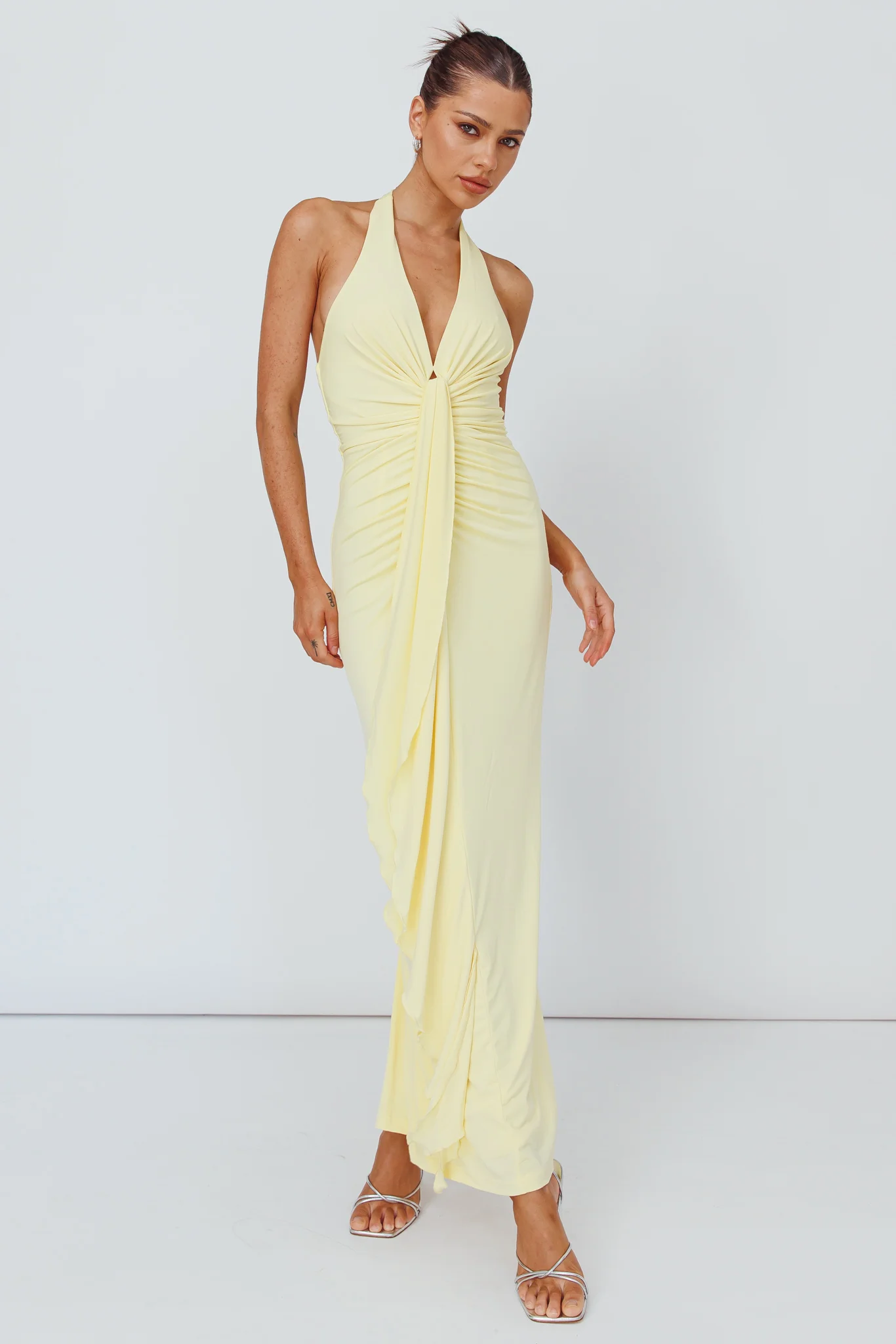 Ray Of Light Ruched Halterneck Maxi Dress Lemon - Image 6