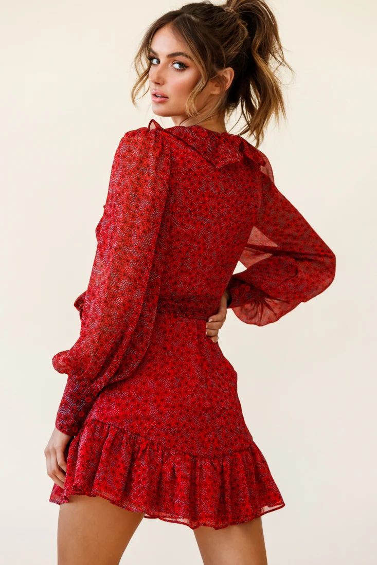 Regina Long Sleeve Ruffle Neckline Dress Flower Print Red - Image 6