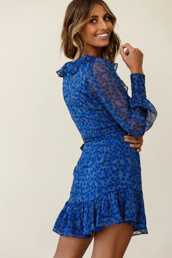 Regina Long Sleeve Ruffle Neckline Dress Flower Print Royal Blue - Image 5