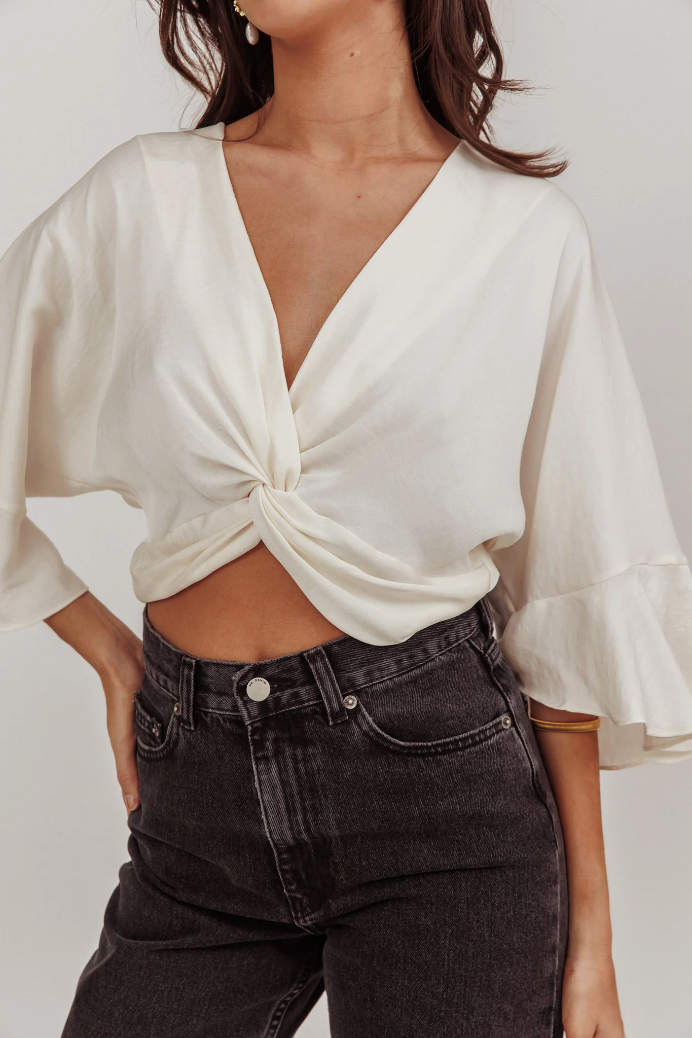 Rejoice Flounce Sleeve Knot Top Ivory - Image 3