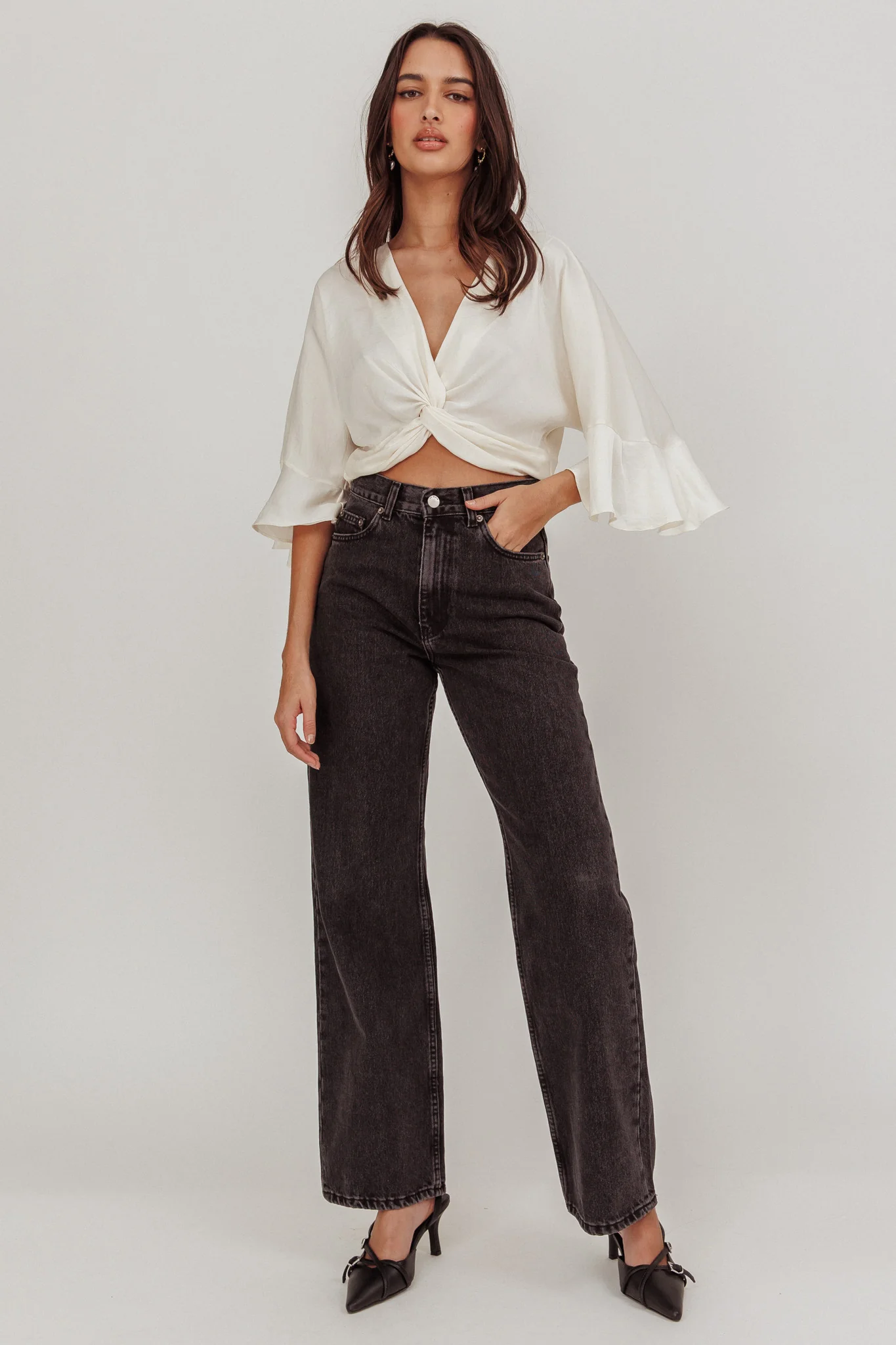 Rejoice Flounce Sleeve Knot Top Ivory - Image 4