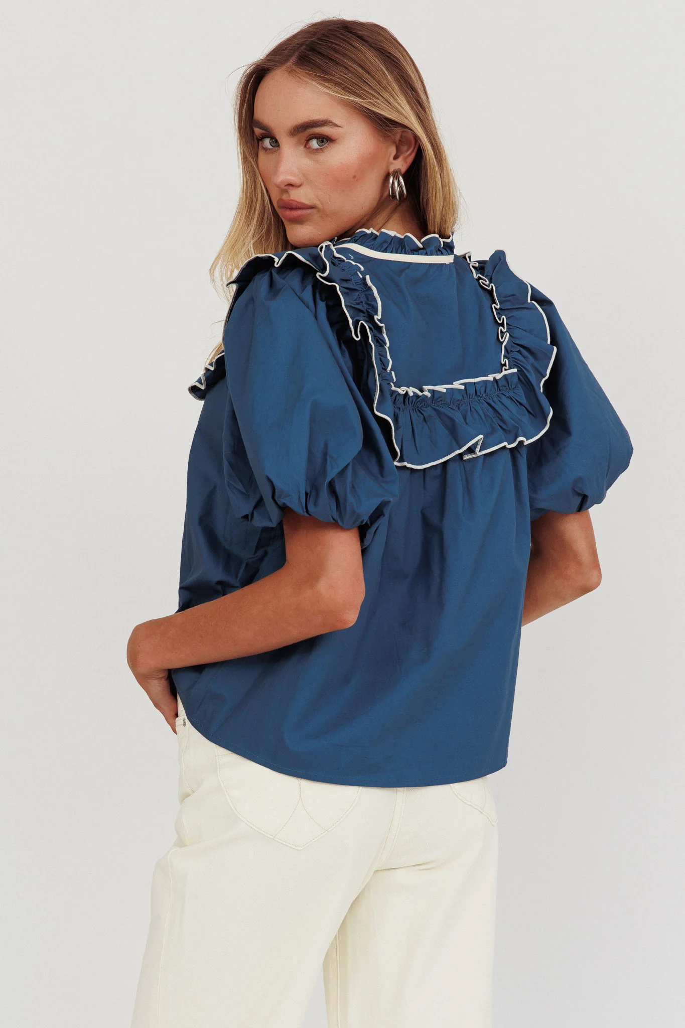 Remarkable Puff Sleeve Tied Neck Top Teal - Image 2
