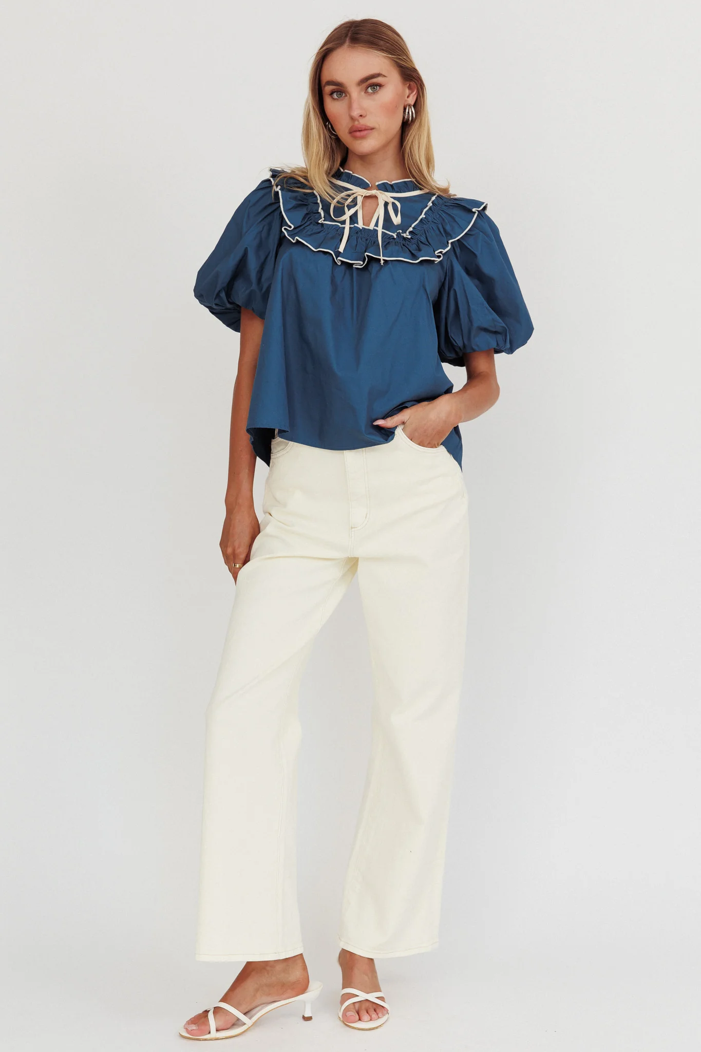 Remarkable Puff Sleeve Tied Neck Top Teal - Image 3