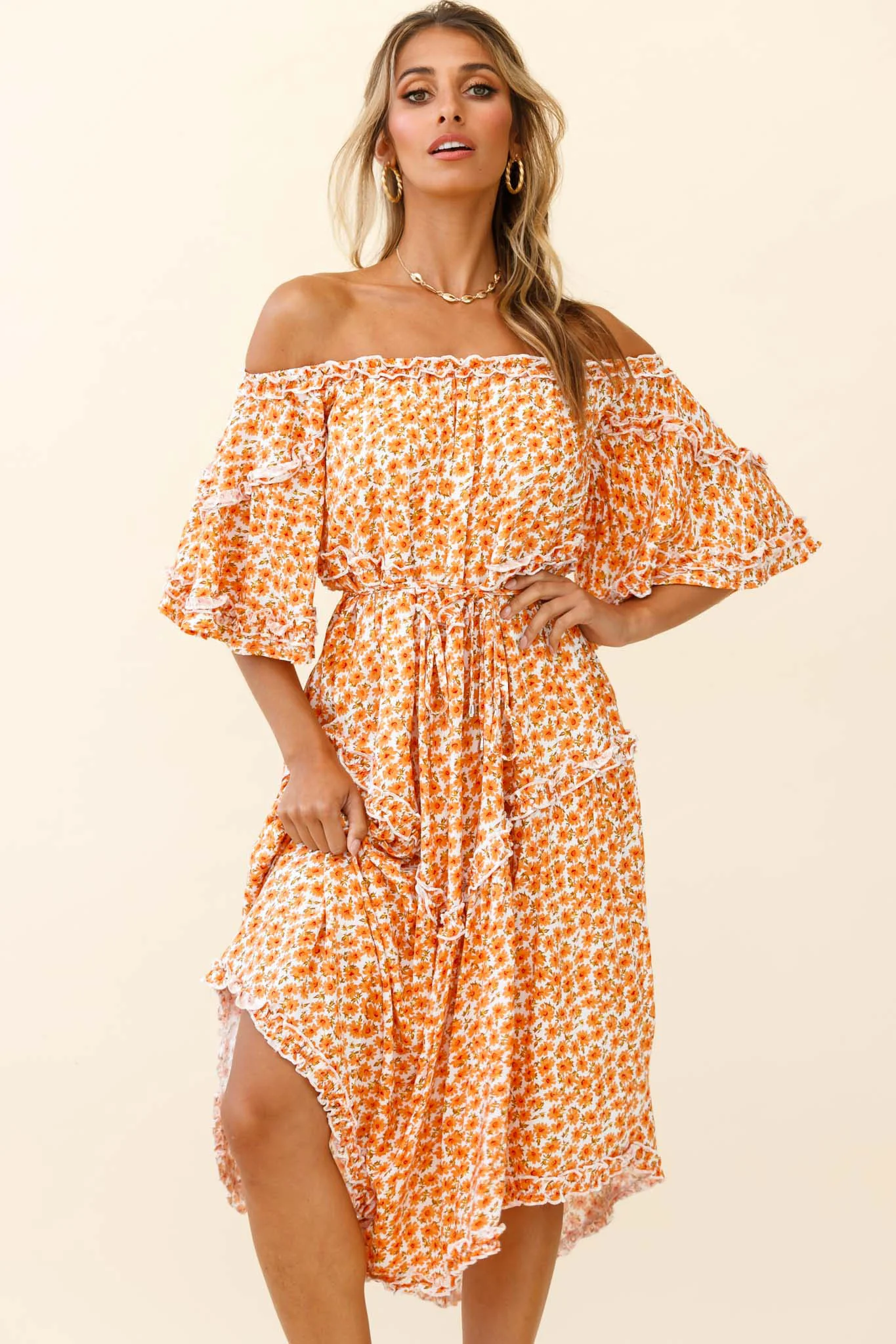 Renoir Off-Shoulder Frill Trim Dress Floral Print Orange - Image 3