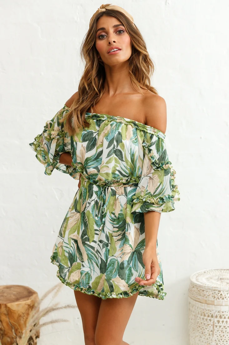 Renoir Off-Shoulder Frill Trim Dress Leaf Print White/Green - Image 6