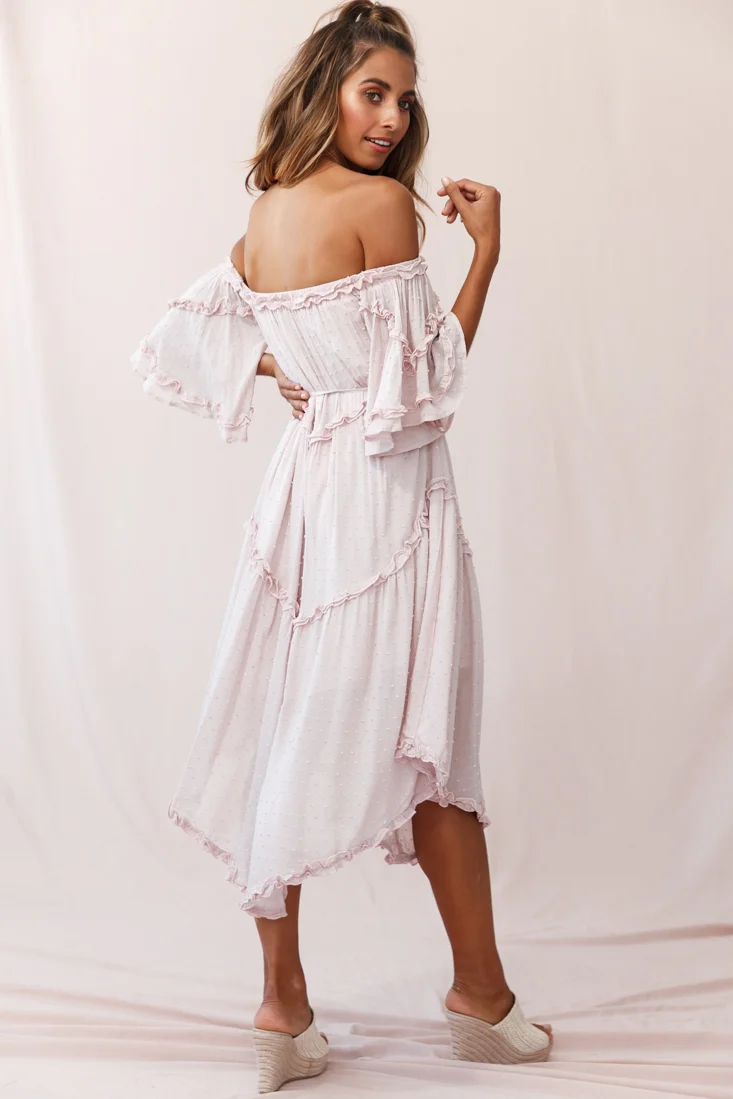 Renoir Off-Shoulder Frill Trim Midi Dress Mauve - Image 4