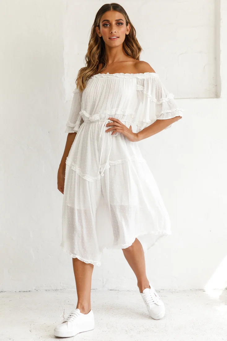 Renoir Off-Shoulder Frill Trim Midi Dress White - Image 2