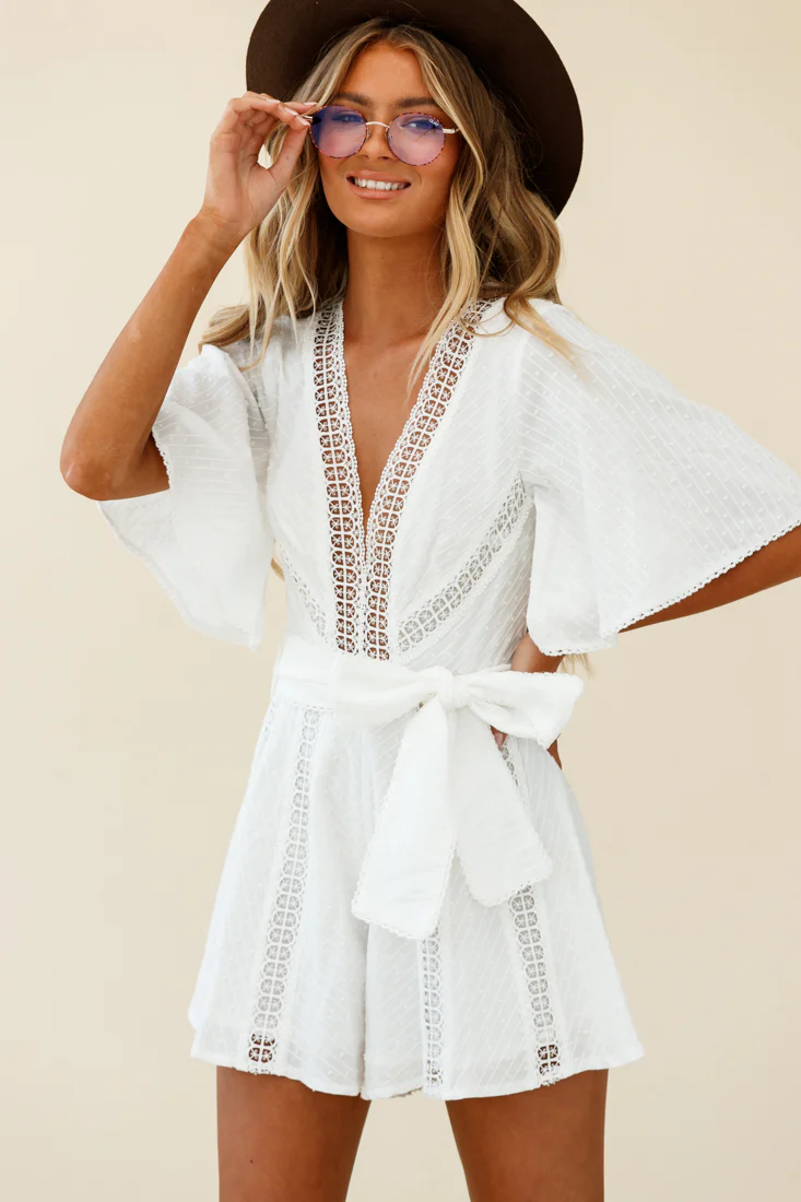 Revival Bell Sleeve Crochet Insert Romper White - Image 5