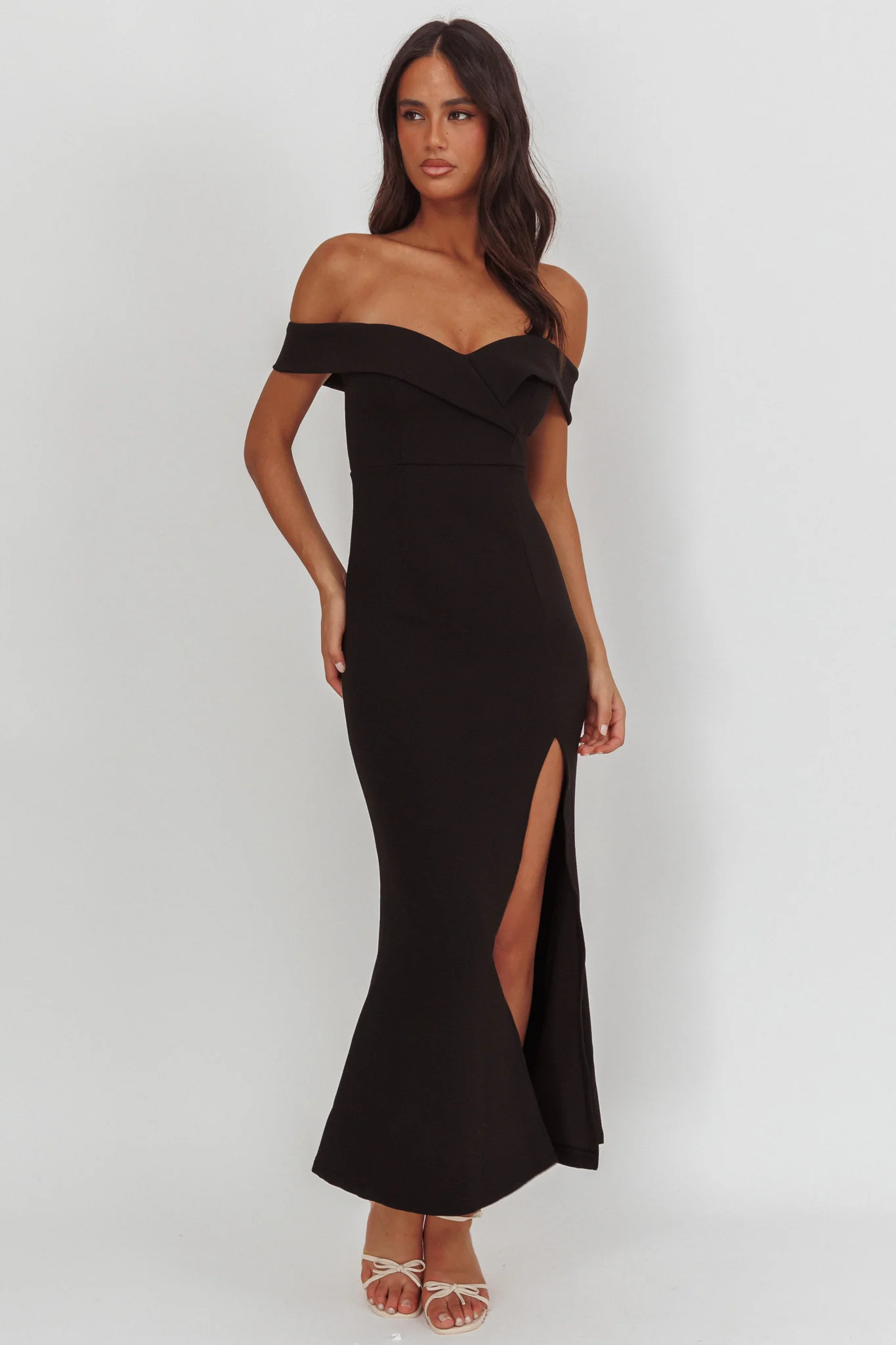 Rider Off-Shoulder Front Split Maxi Dress Black - Image 4