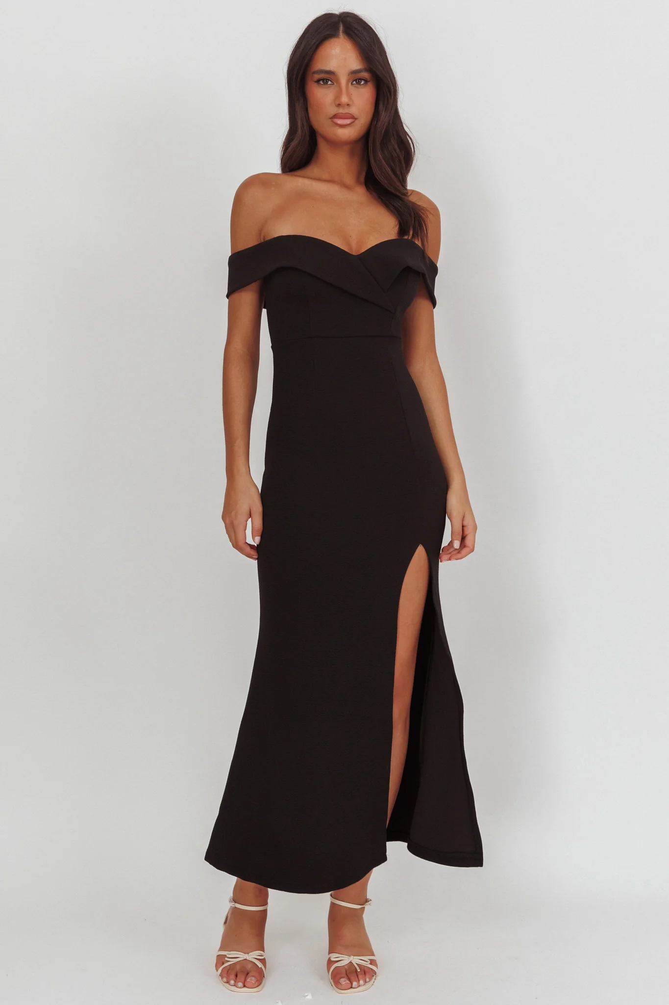 Rider Off-Shoulder Front Split Maxi Dress Black - Image 5