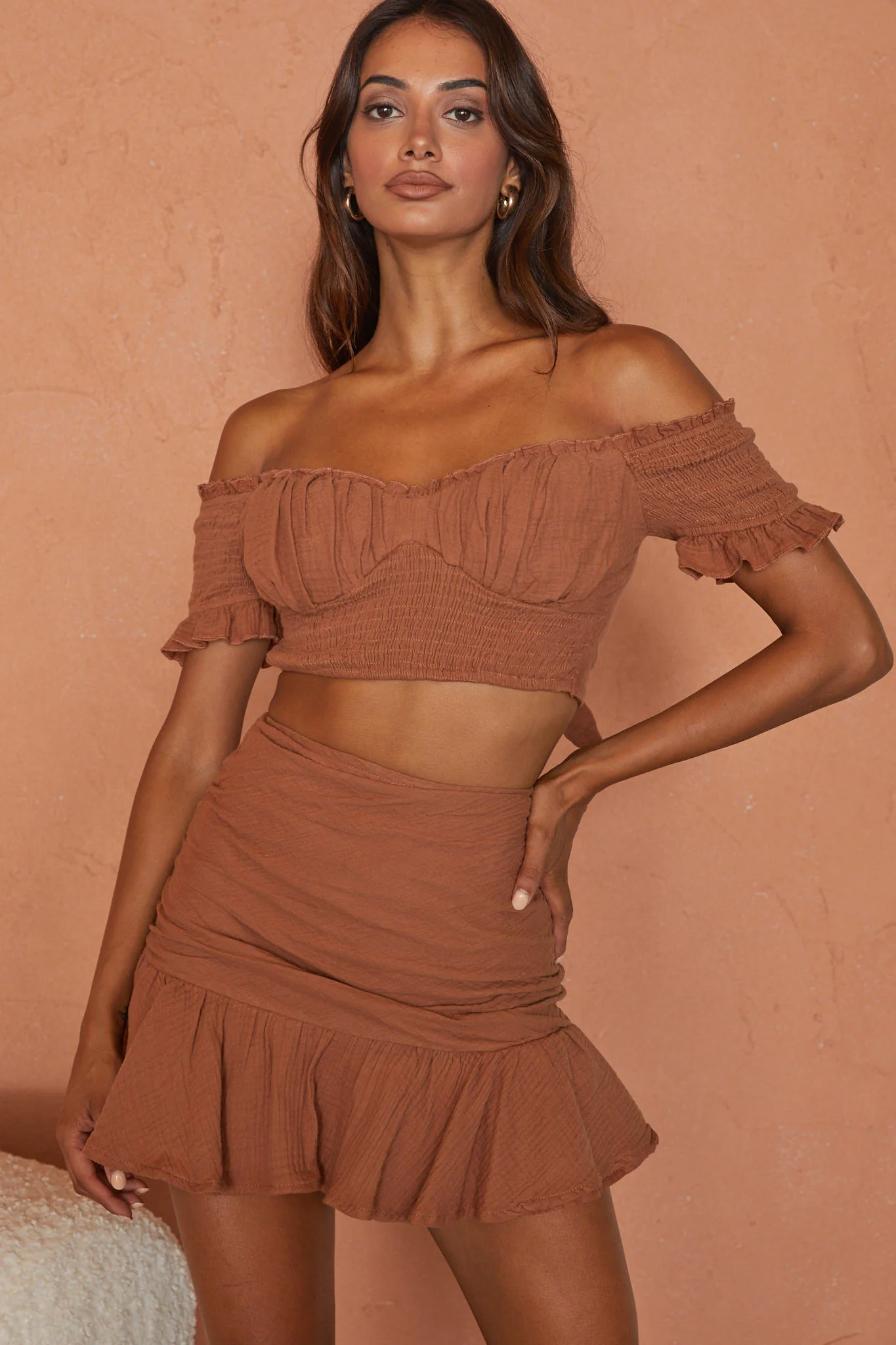Rise And Shine Shirred Bodice Tied Back Crop Top Latte - Image 8