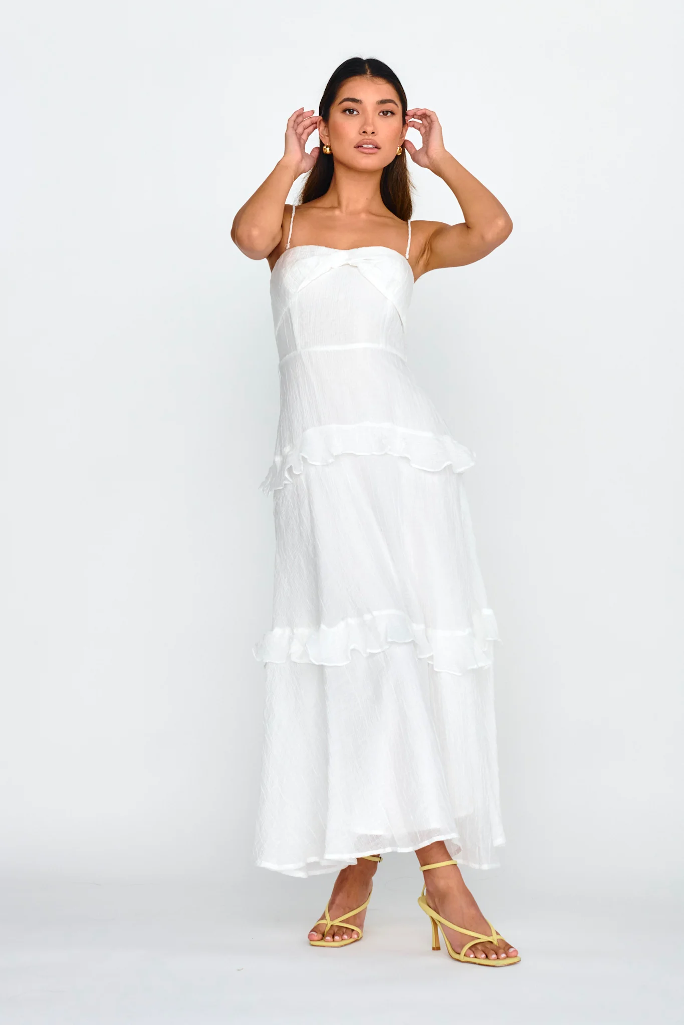 Rise & Glow Frill Trim Textured Midi Dress White - Image 3