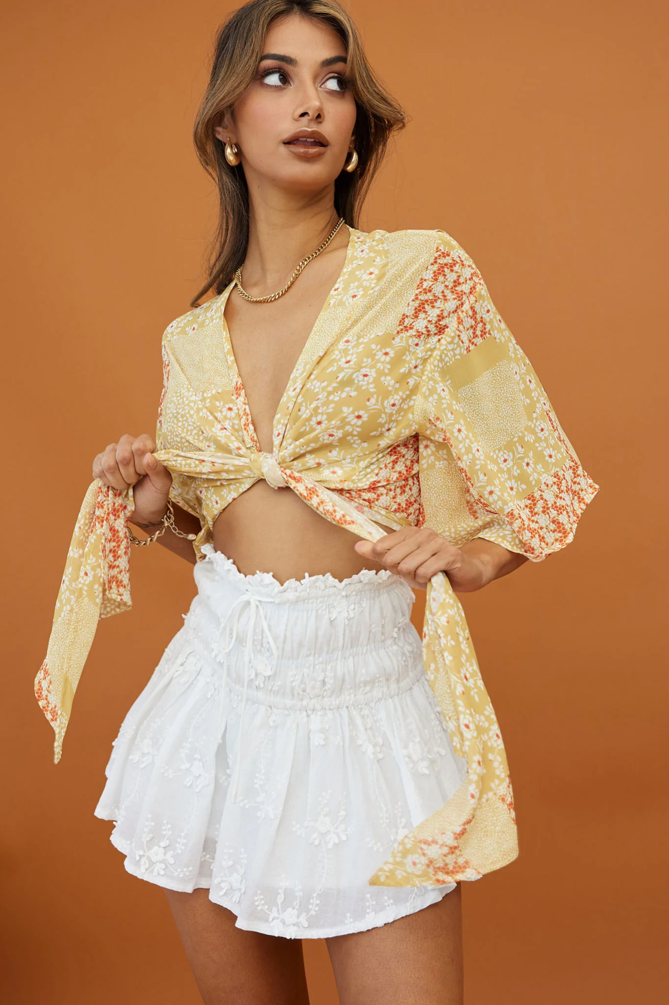Rivera Deep-V Tie Front Crop Top Floral Square Print Yellow - Image 4