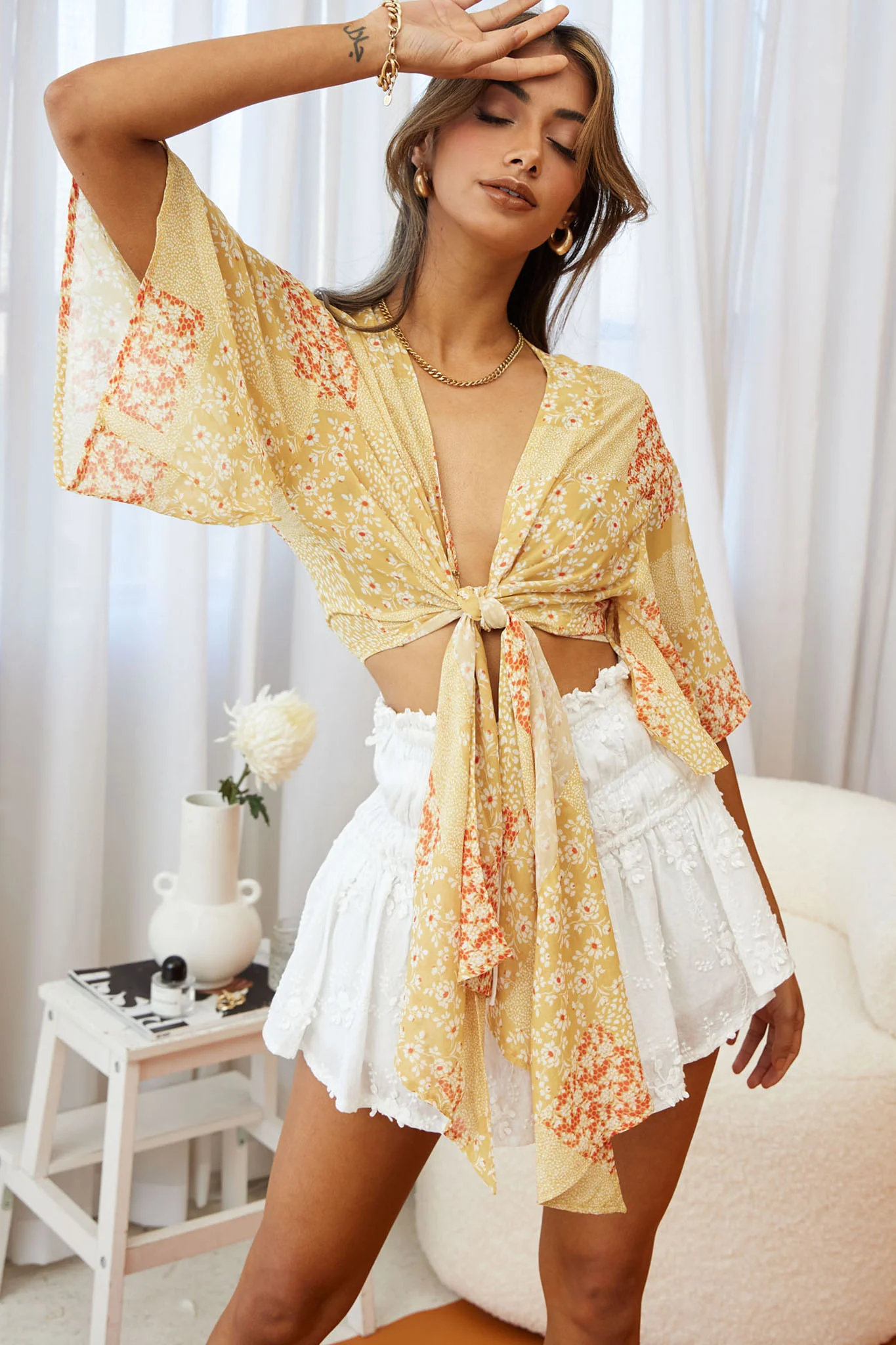 Rivera Deep-V Tie Front Crop Top Floral Square Print Yellow - Image 7