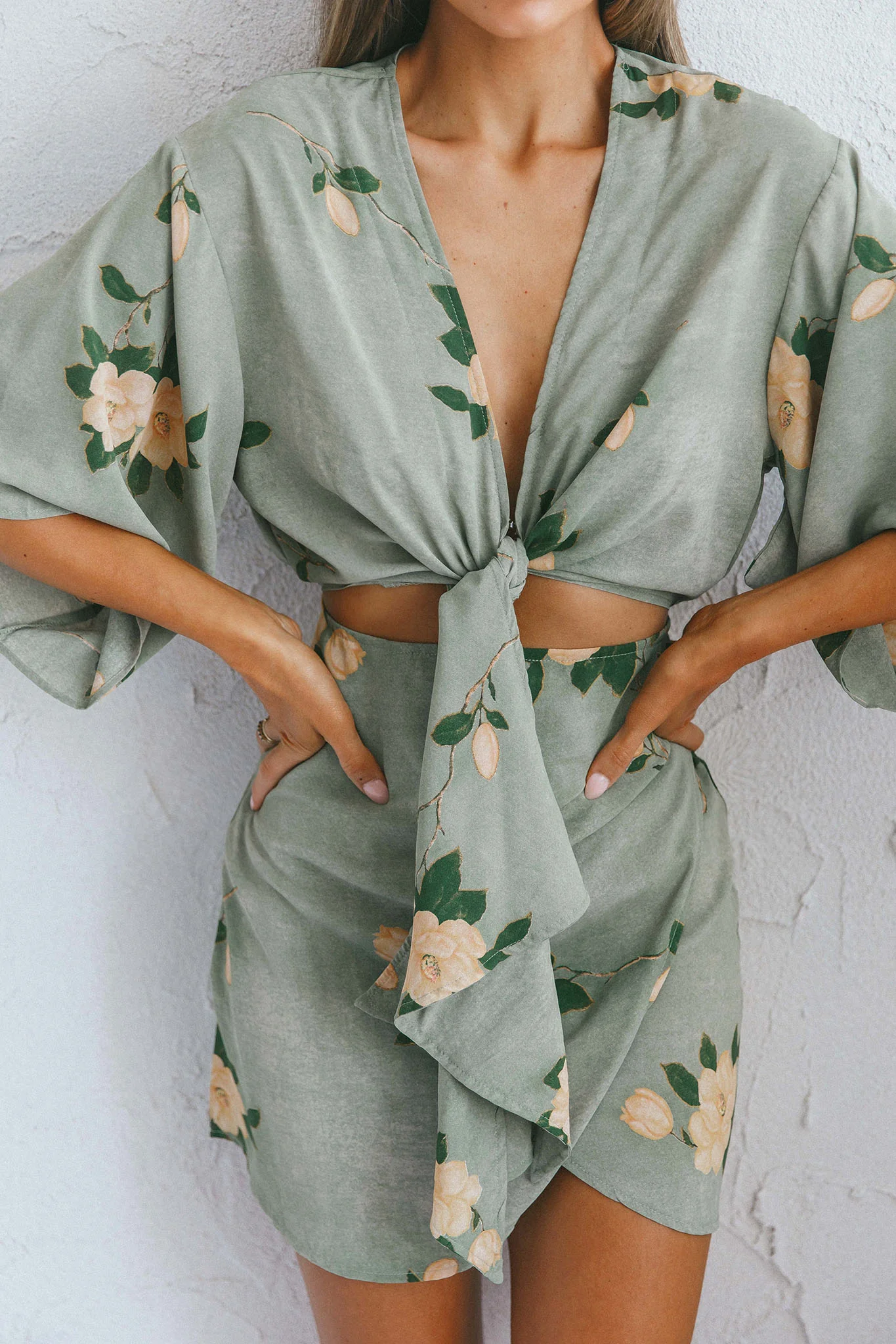 Rivera Deep-V Waist-Tie Dress Rose Floral Print Sage - Image 4