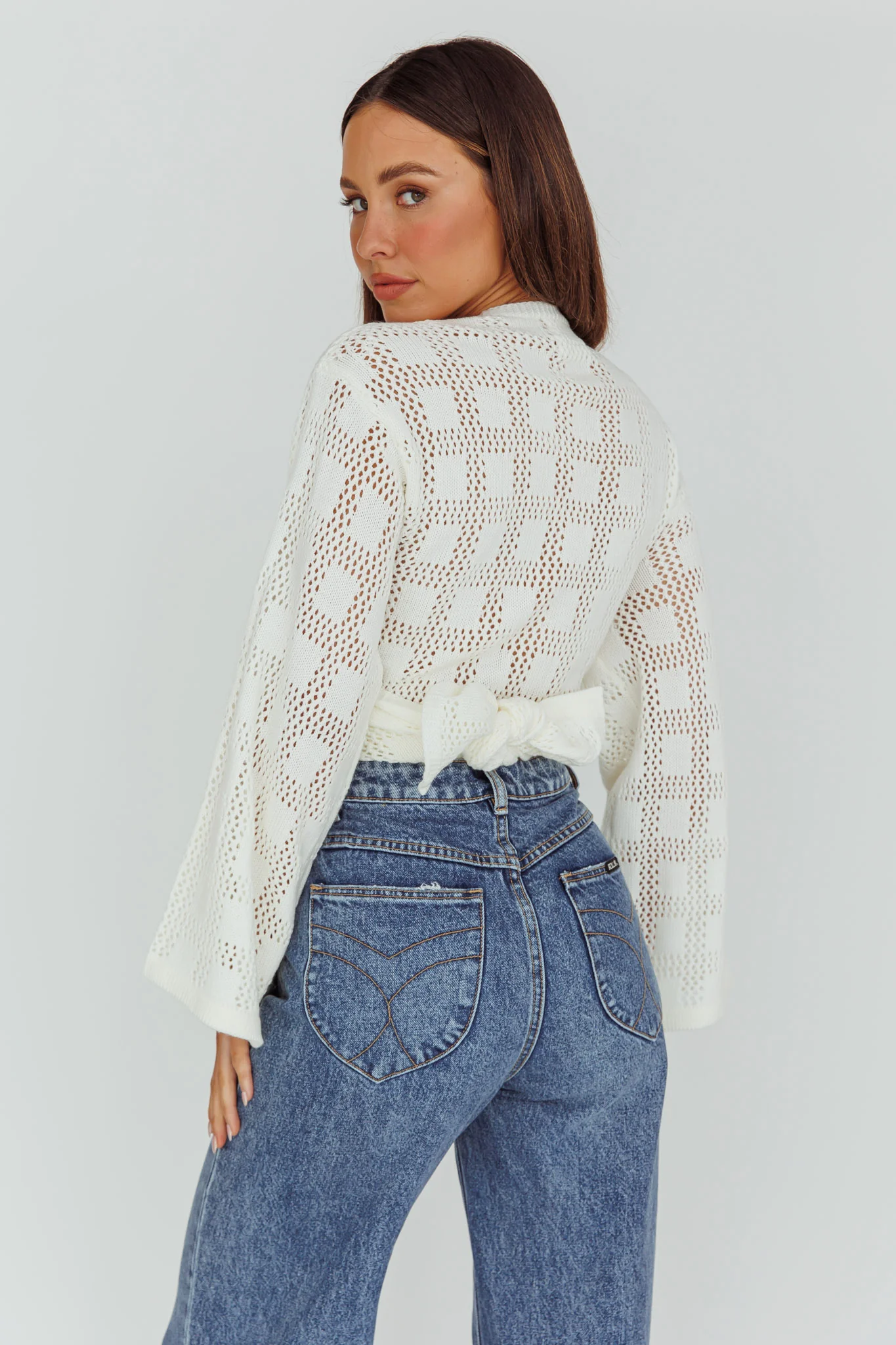 Rivera Deep-V Waist-Tie Top Crochet White - Image 2
