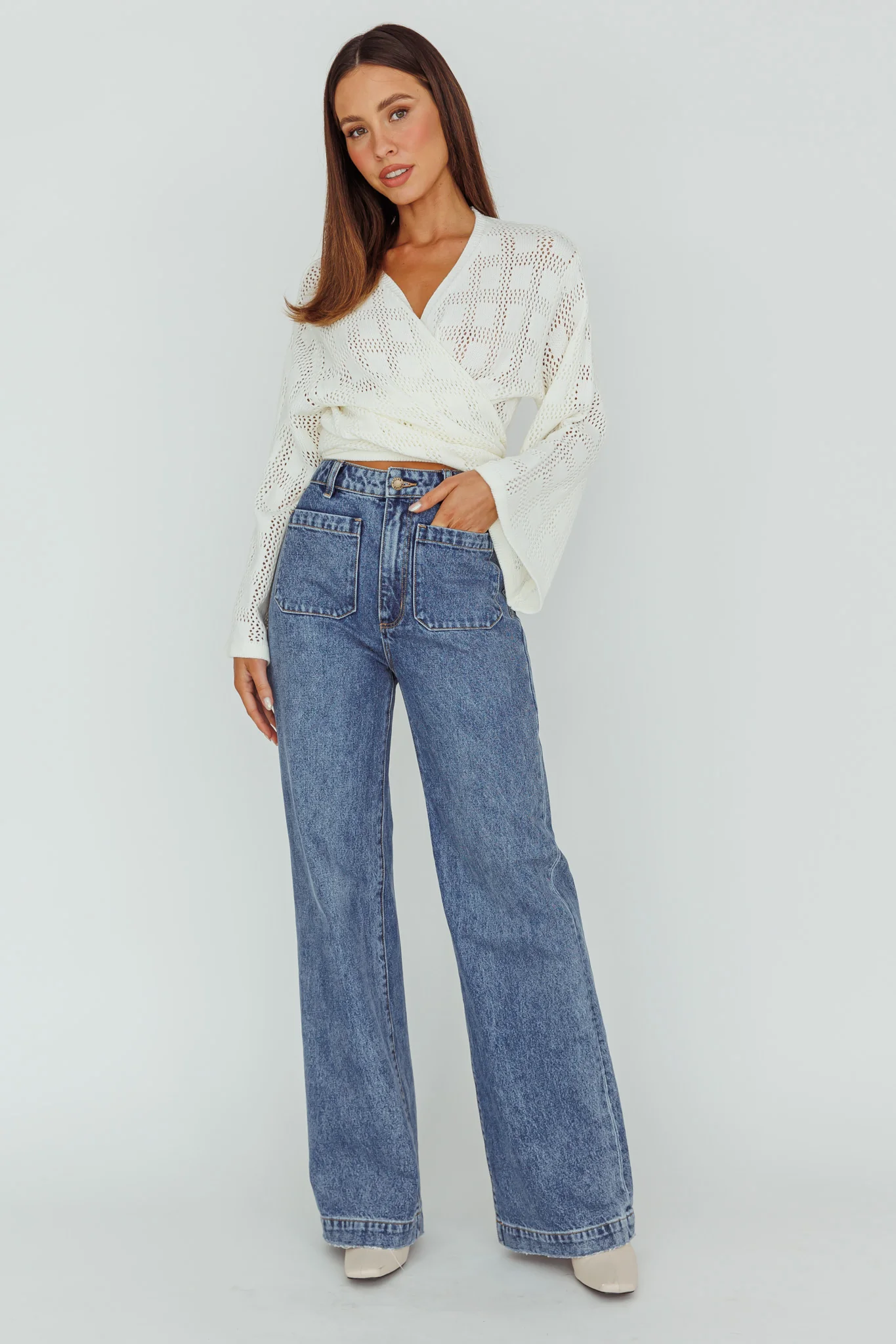 Rivera Deep-V Waist-Tie Top Crochet White - Image 3