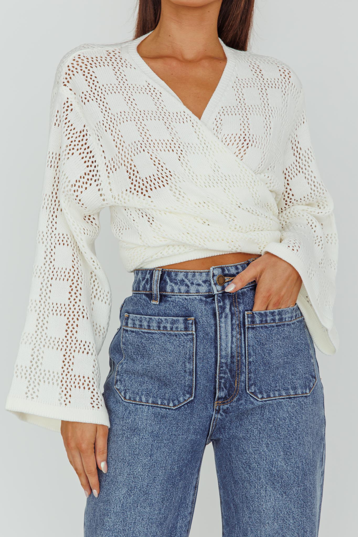 Rivera Deep-V Waist-Tie Top Crochet White - Image 4
