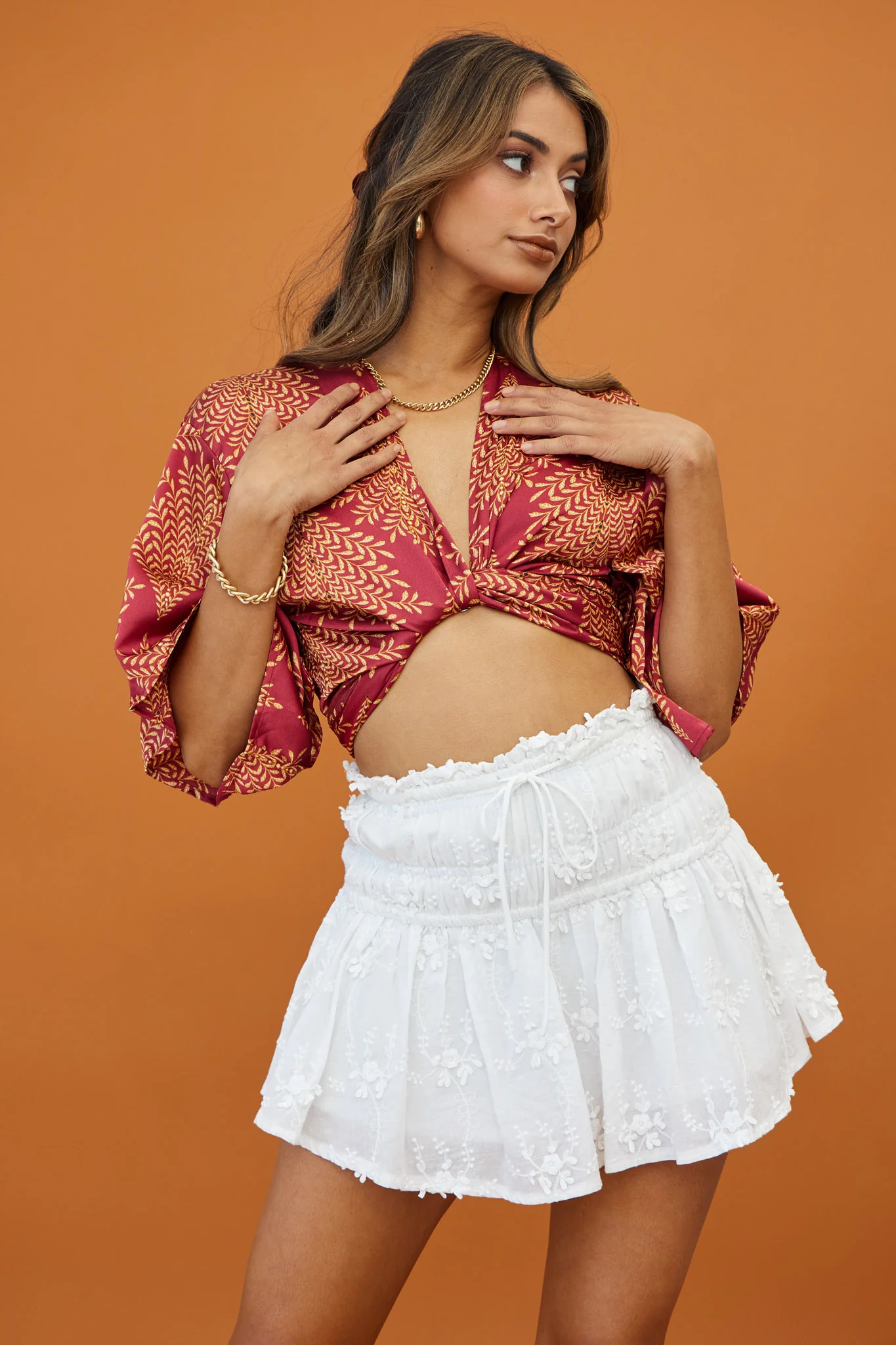 Rivera Deep-V Waist-Tie Top Leaf Print Wine - Image 4