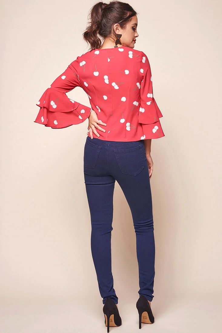 Robbi Cherry on Top Deep V Bell Sleeved Top Red - Image 5