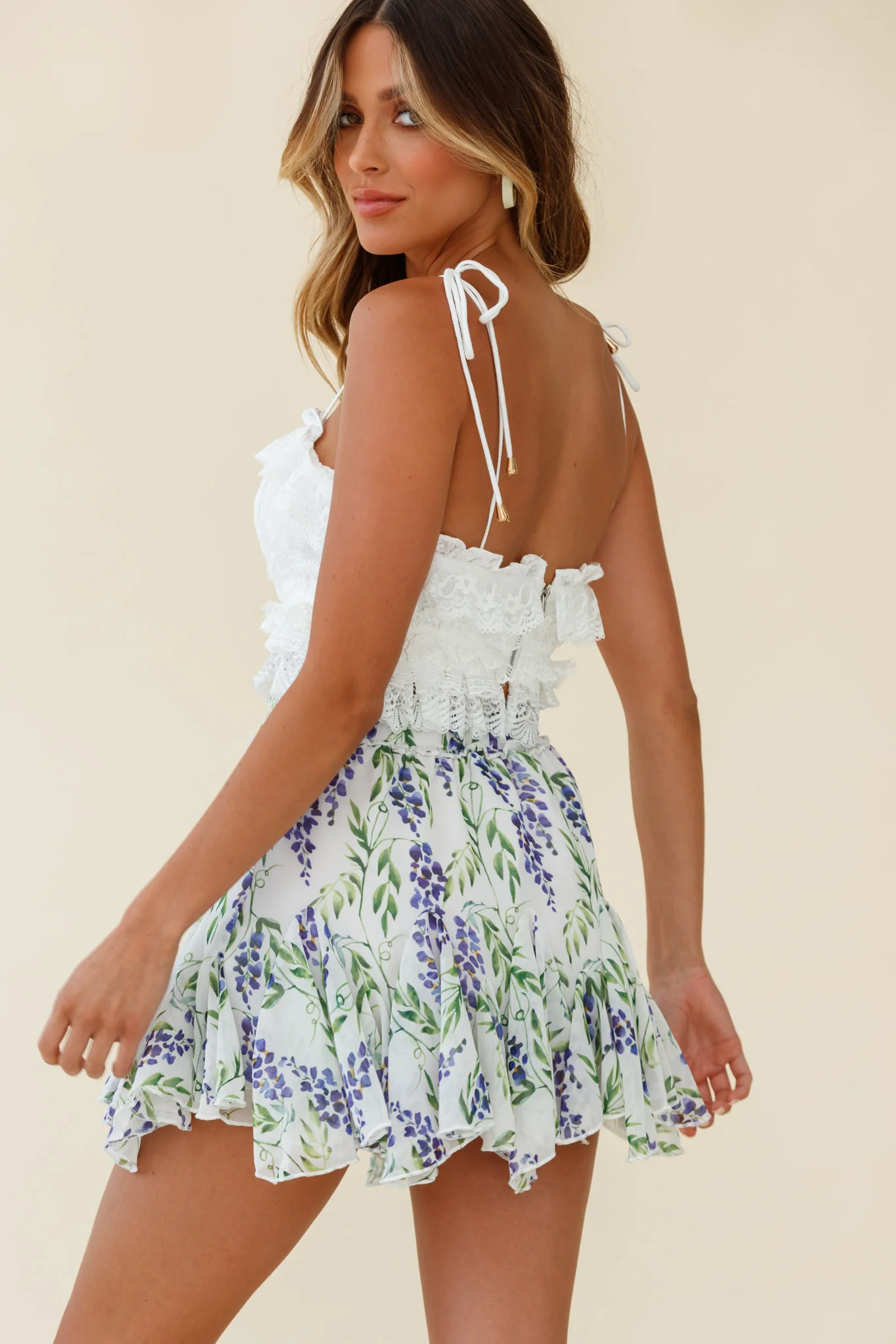 Robyn Flounce Floral Mini Skirt Wisteria Print White - Image 3