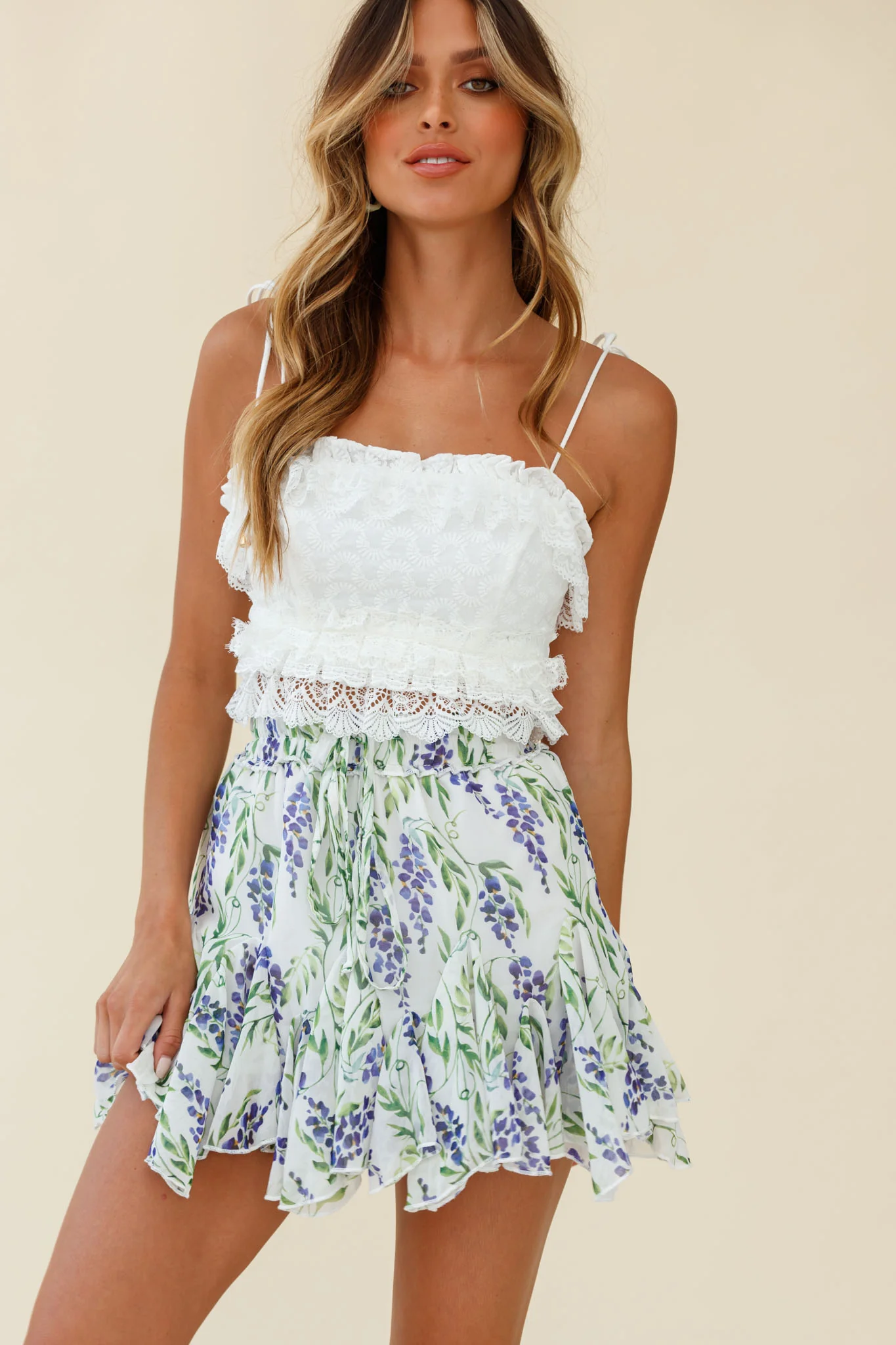 Robyn Flounce Floral Mini Skirt Wisteria Print White - Image 5