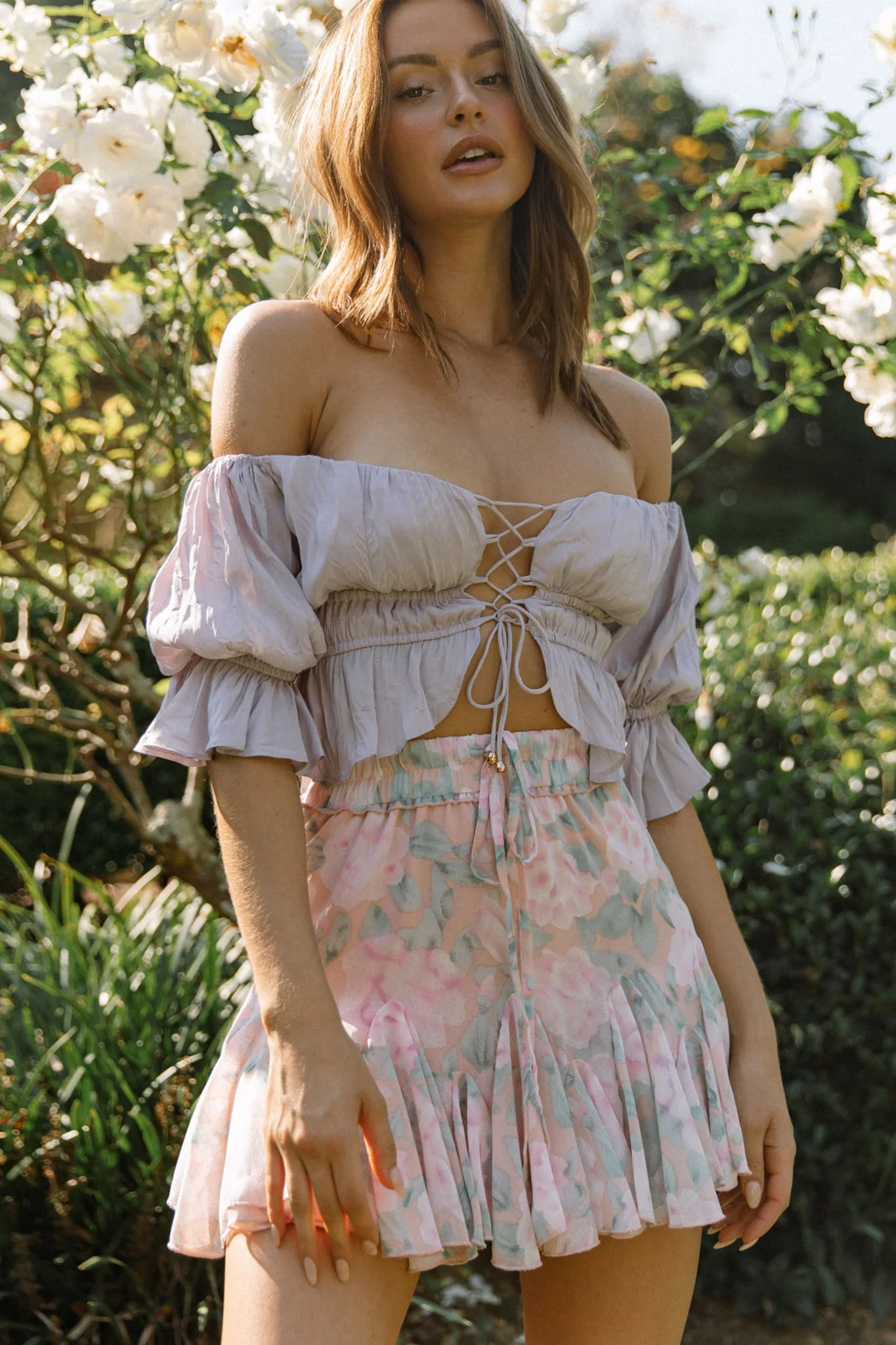 Robyn Flounce Mini Skirt Watercolor Floral Pink - Image 3