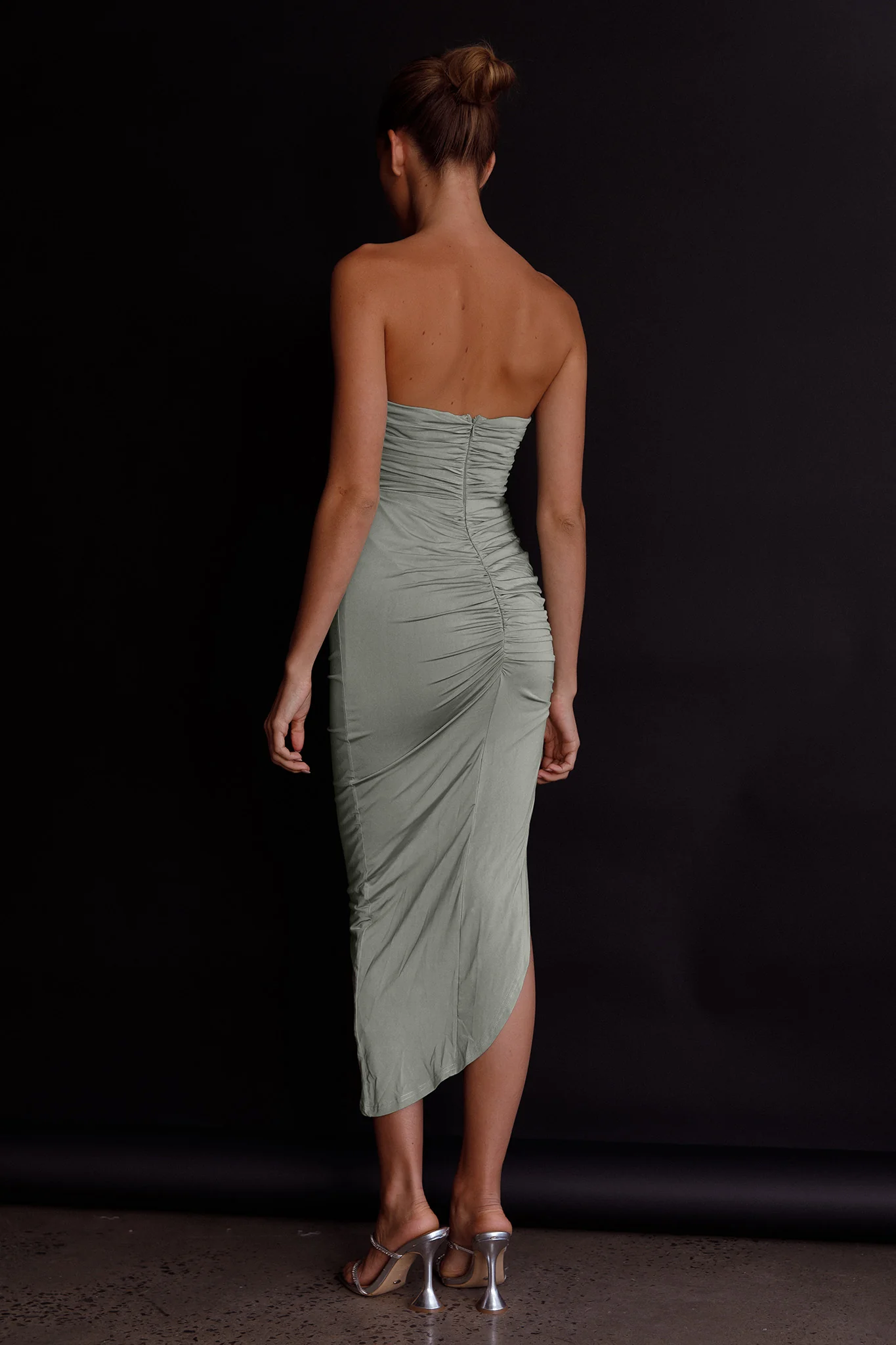 Roma U-Neckline Ruched Midi Dress Pistachio - Image 2