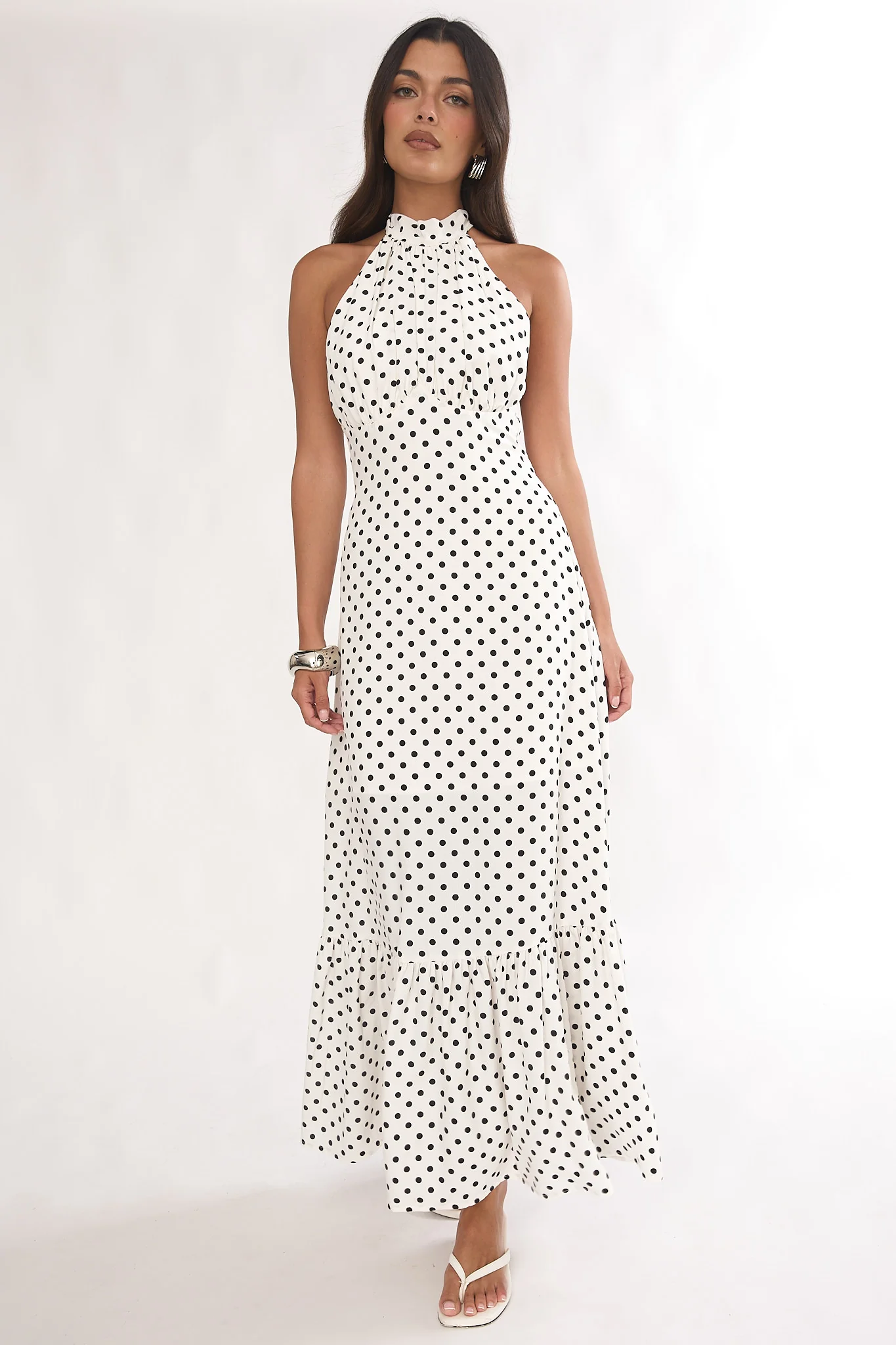 Romana High Neck Halter Maxi Dress Polka Dot White - Image 4