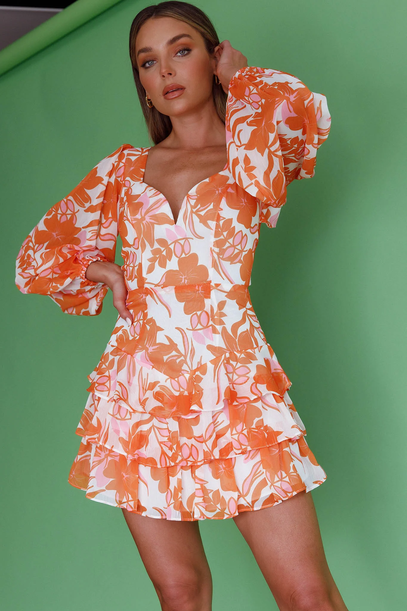 Romance Novel Long Sleeve Tied Back Floral Dress Orange - Image 6