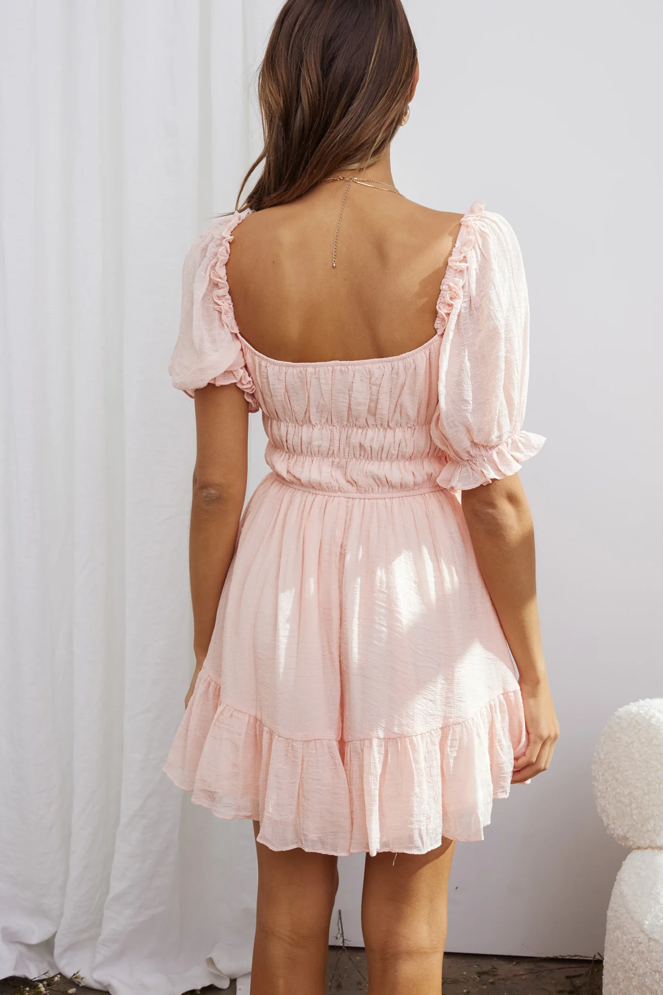 Romantics Shirred Bodice Puff Sleeve Mini Dress Blush - Image 6