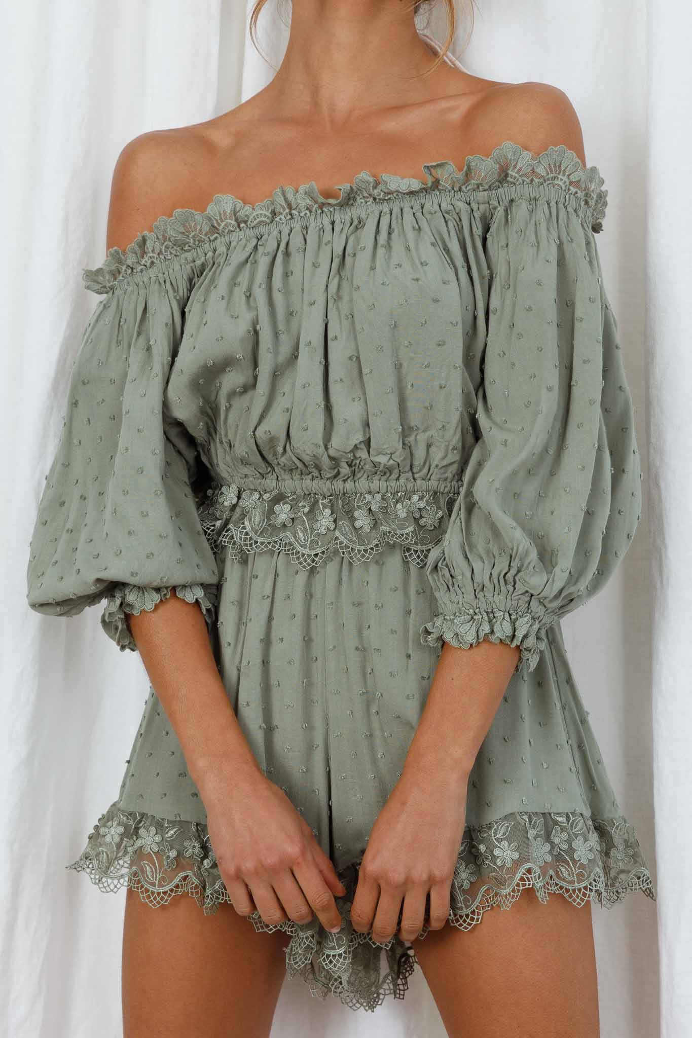 Romilly Scalloped Lace Trim Off-Shoulder Top Olive - Image 4