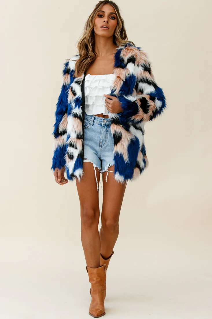 Ronan Faux Fur Multi-Print Coat Blue - Image 3