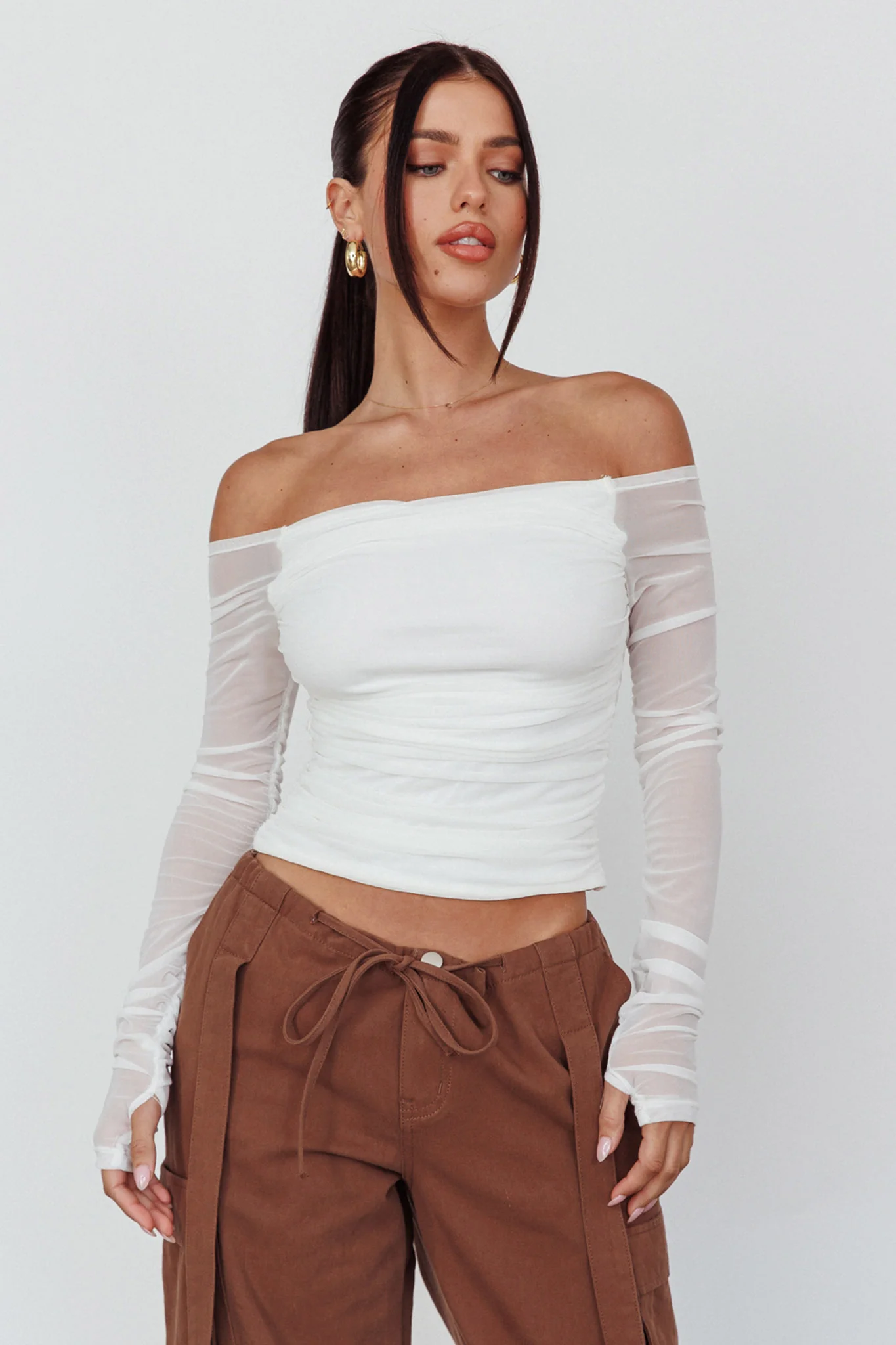 Ronda Off-Shoulder Sheer Sleeve Top White - Image 5