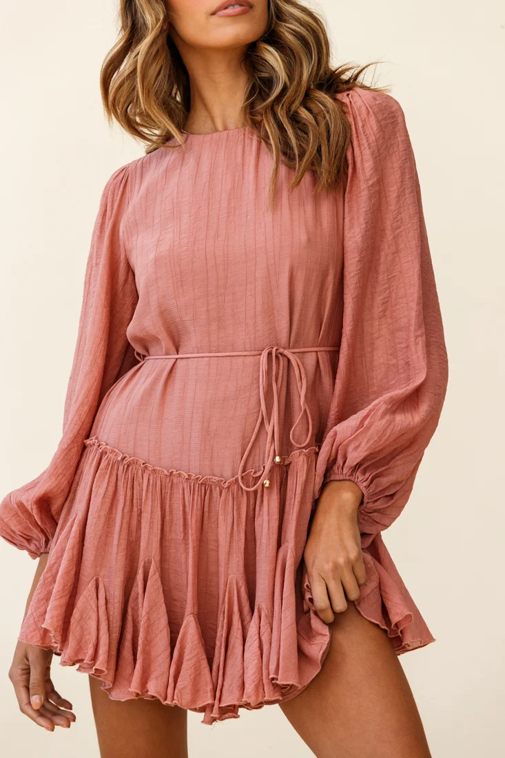 Rosabel Balloon Sleeve Fluted Hem Dress Rose - Image 7