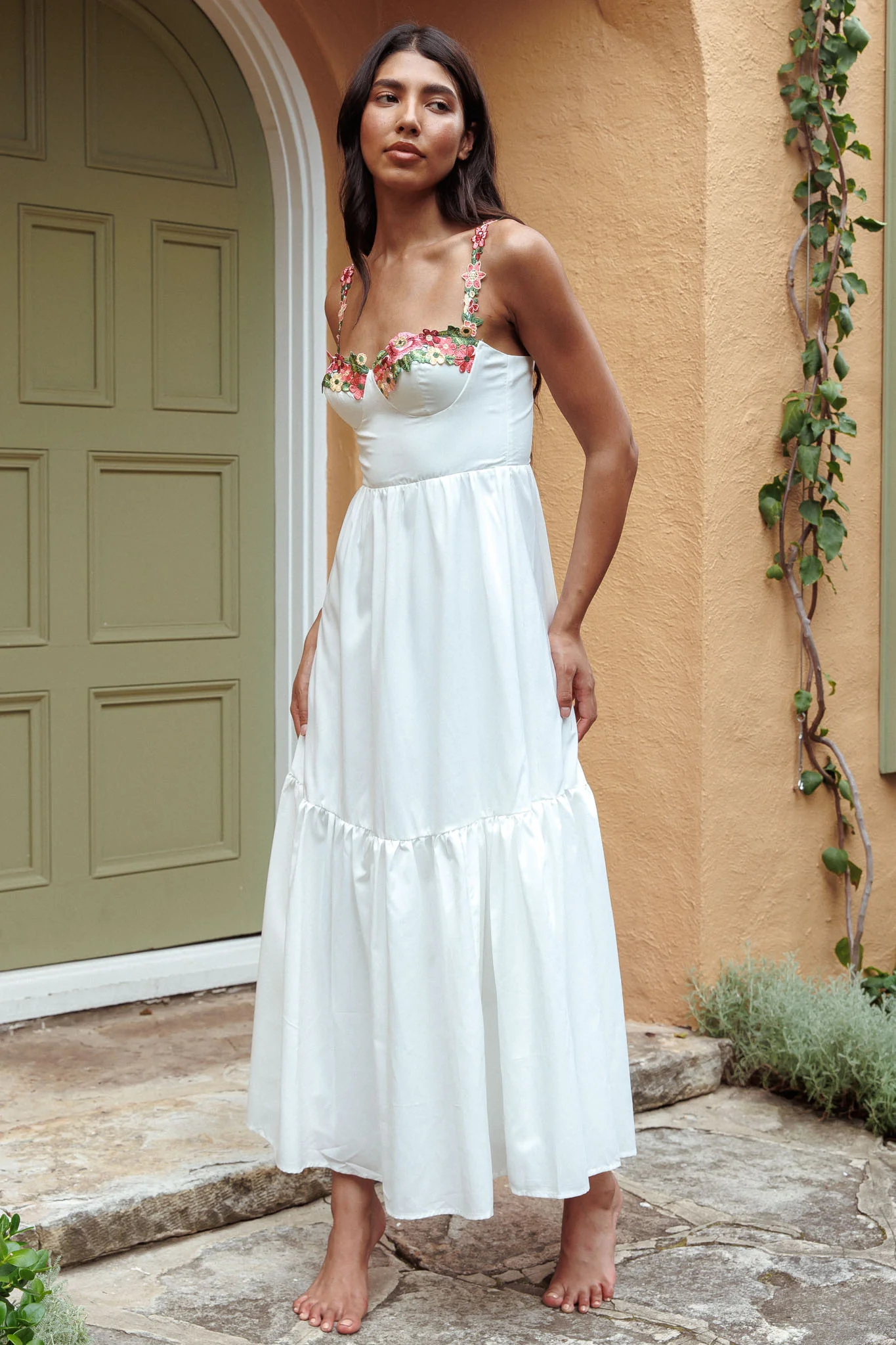 Rose Garden Floral Applique A-Line Midi Dress White - Image 2