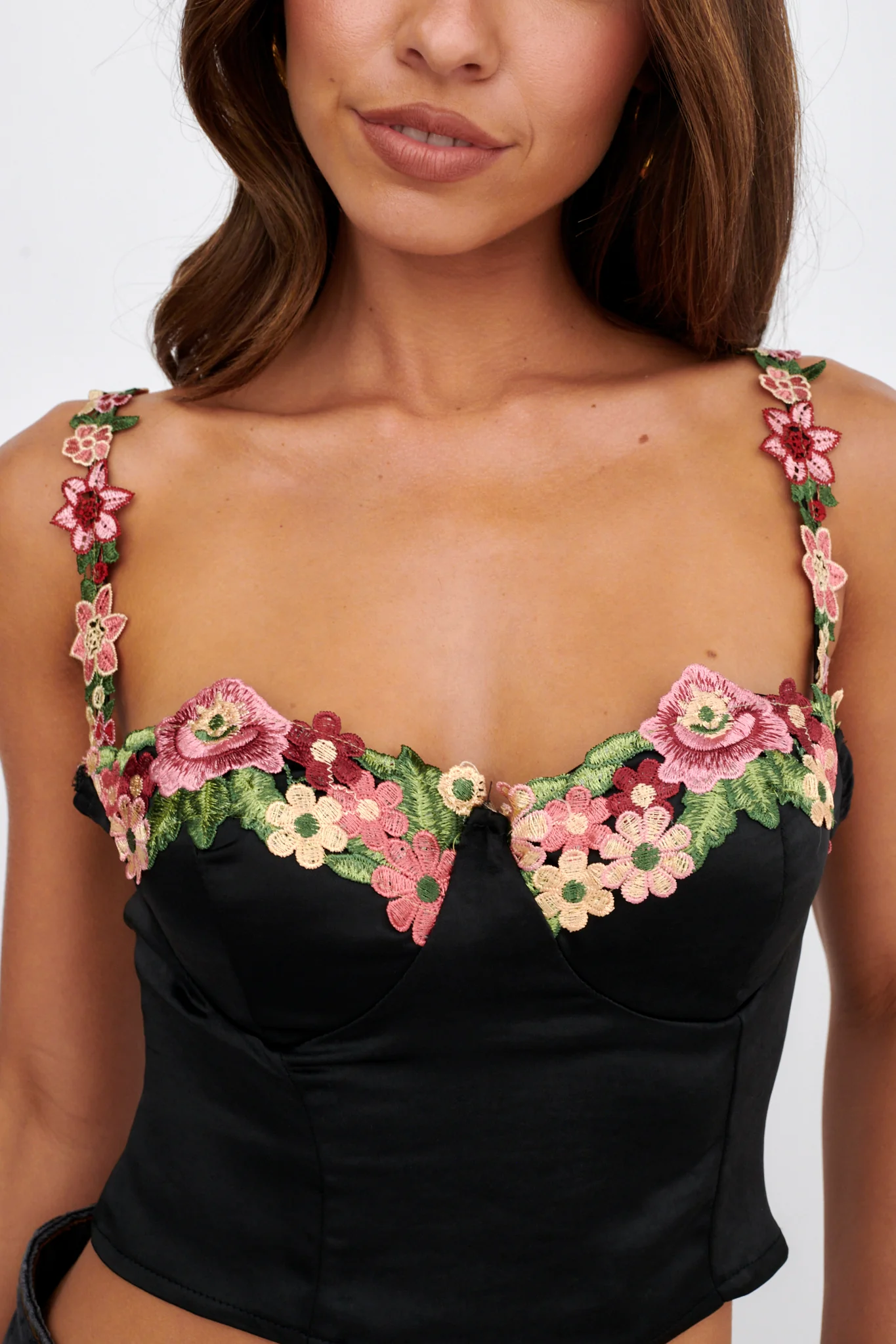 Rose Garden Floral Applique Crop Top Black - Image 5