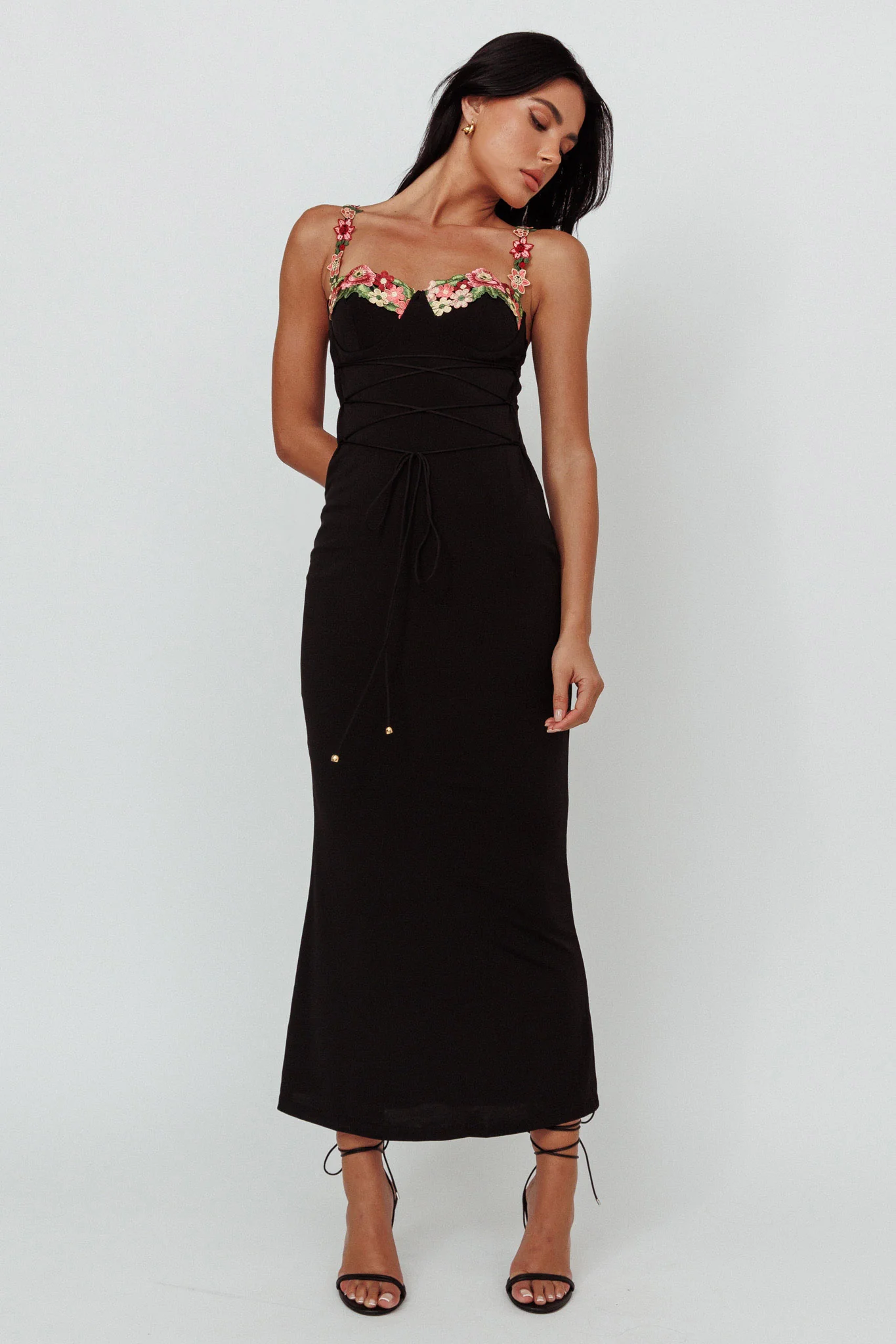 Rose Garden Floral Applique Laced Midi Dress Black - Image 3