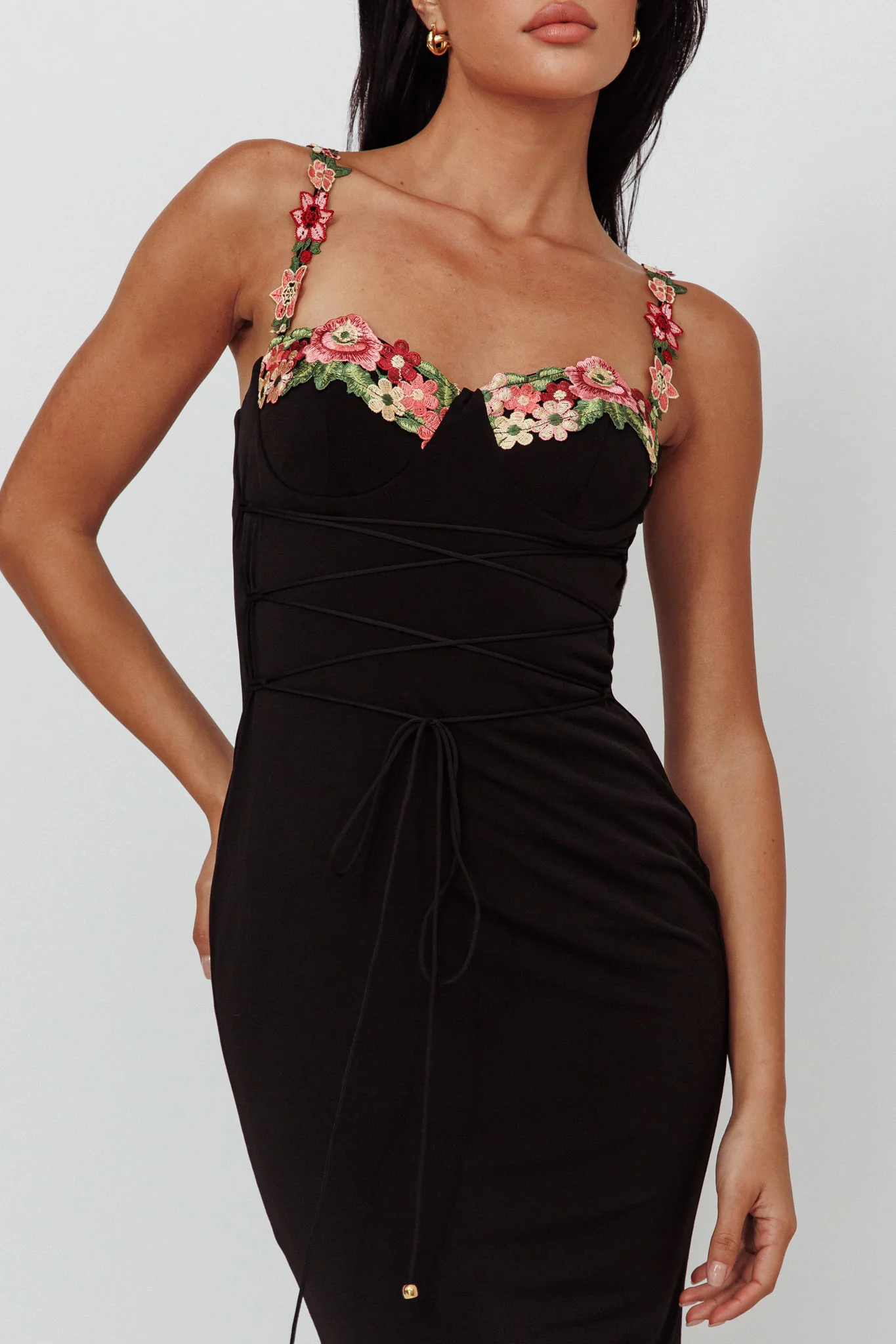 Rose Garden Floral Applique Laced Midi Dress Black - Image 4