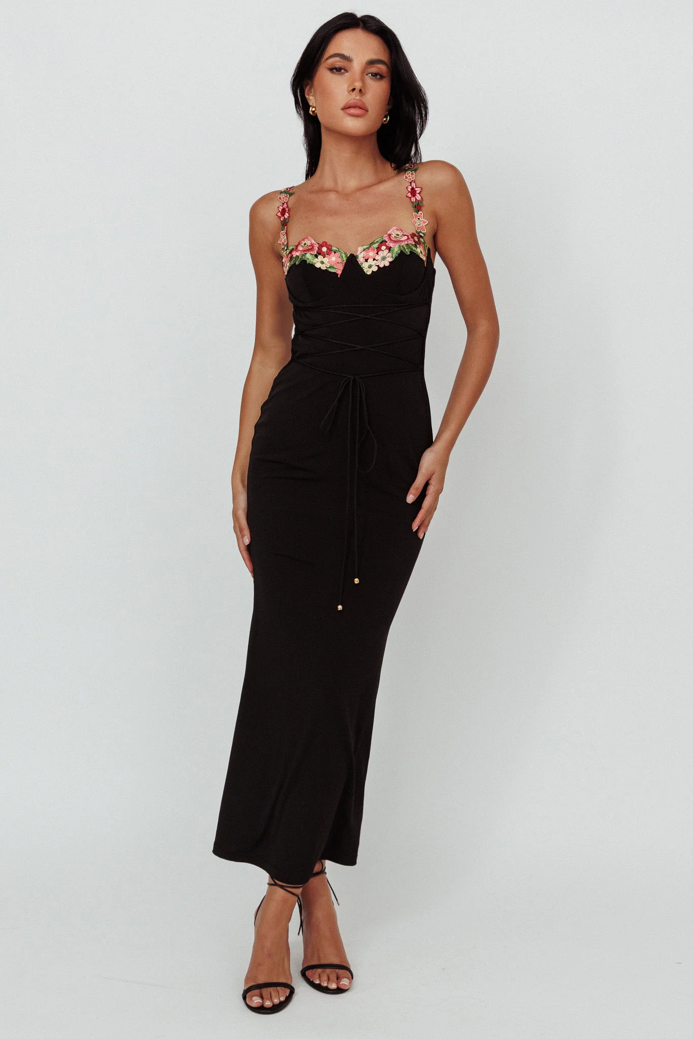 Rose Garden Floral Applique Laced Midi Dress Black - Image 5