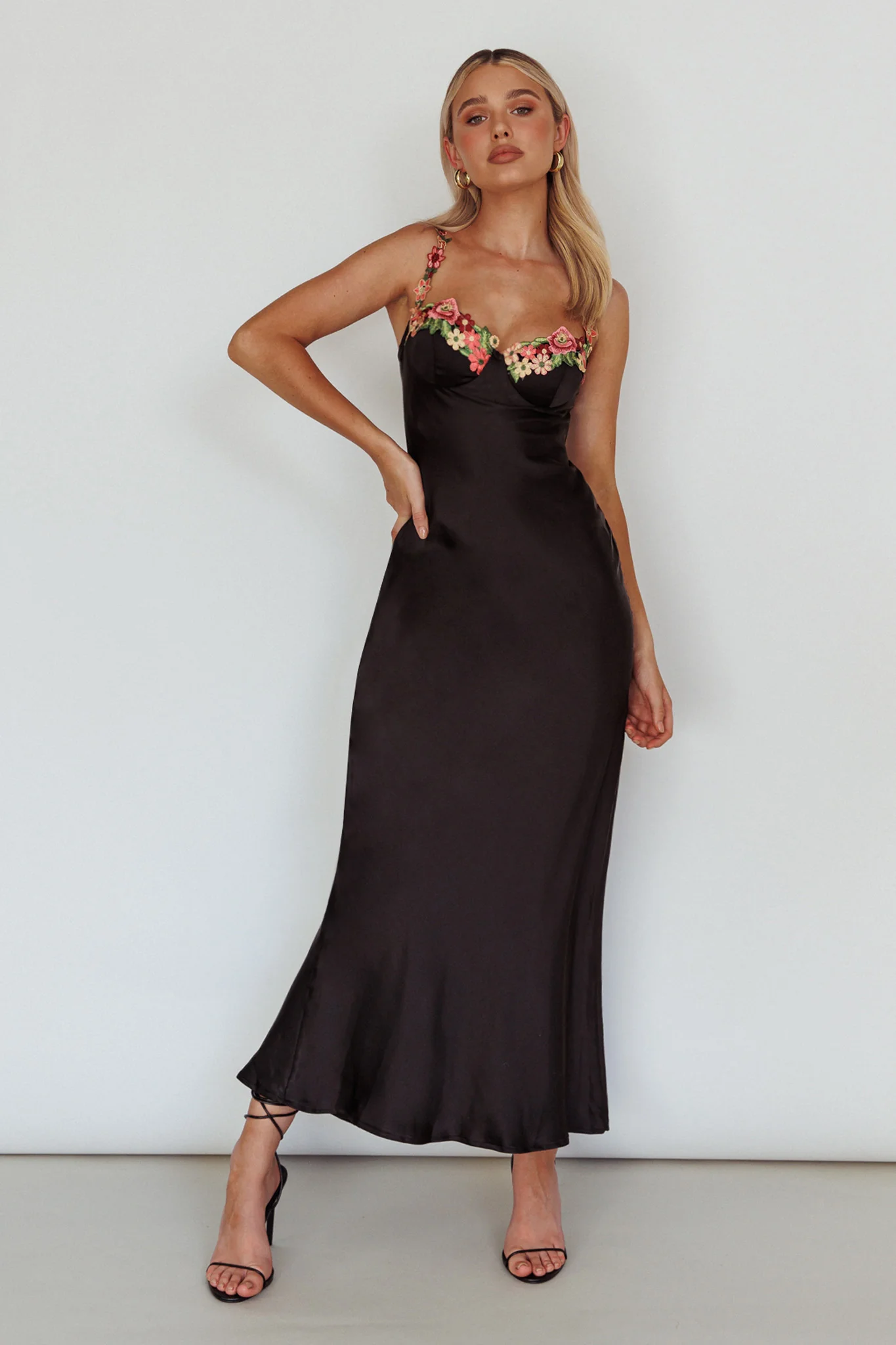 Rose Garden Floral Applique Midi Dress Black - Image 5