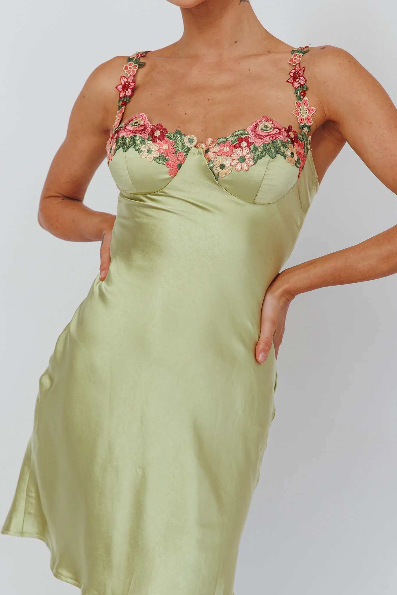 Rose Garden Floral Applique Mini Dress Lime - Image 5