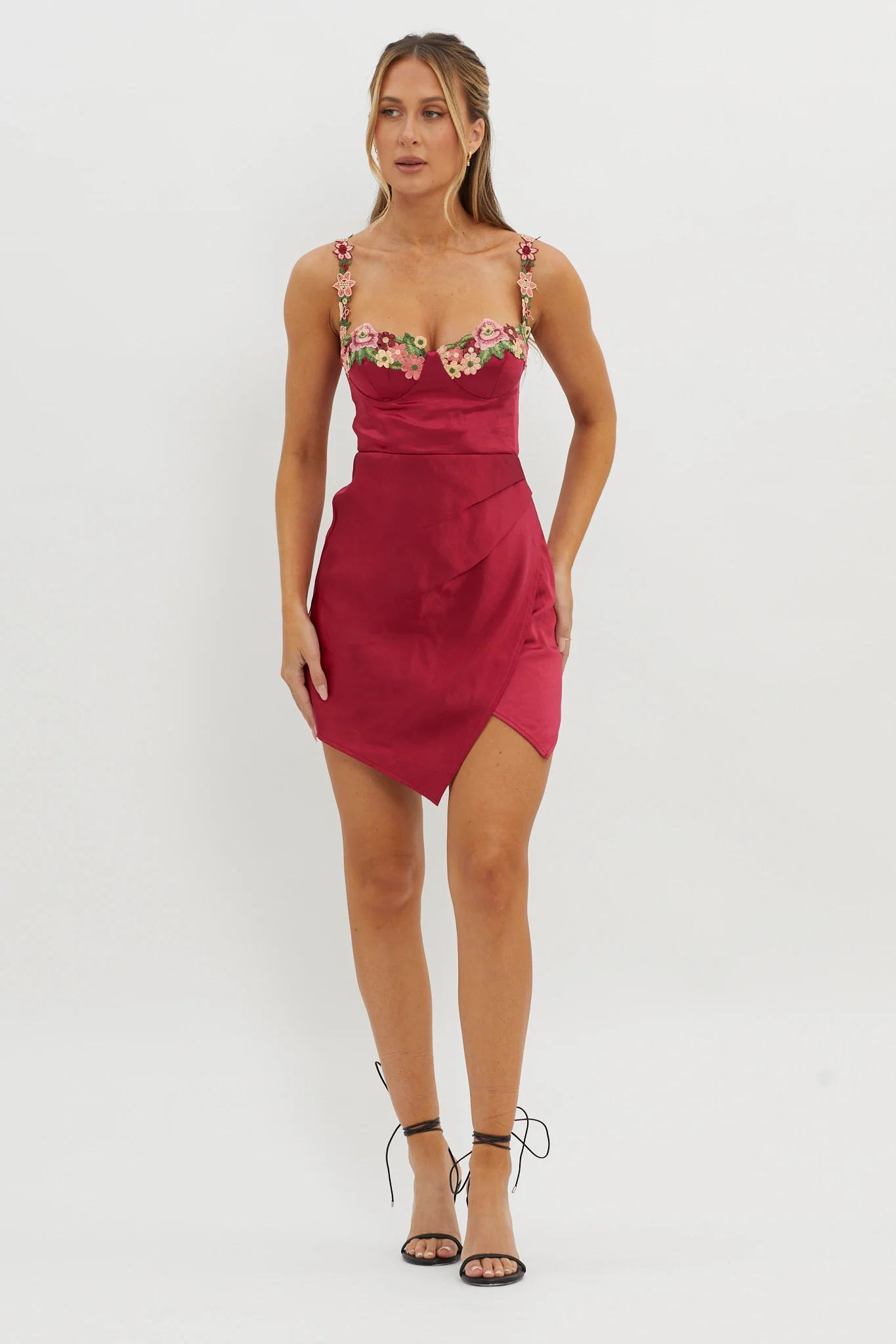 Rose Garden Floral Applique Wrap Mini Dress Merlot - Image 4