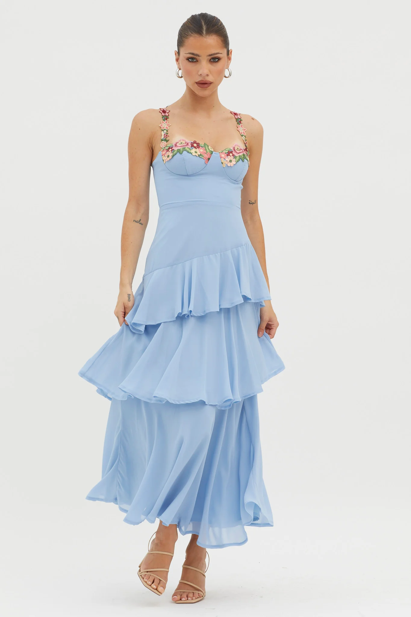 Rose Garden Tiered Ruffle Floral Trim Dress Blue - Image 3