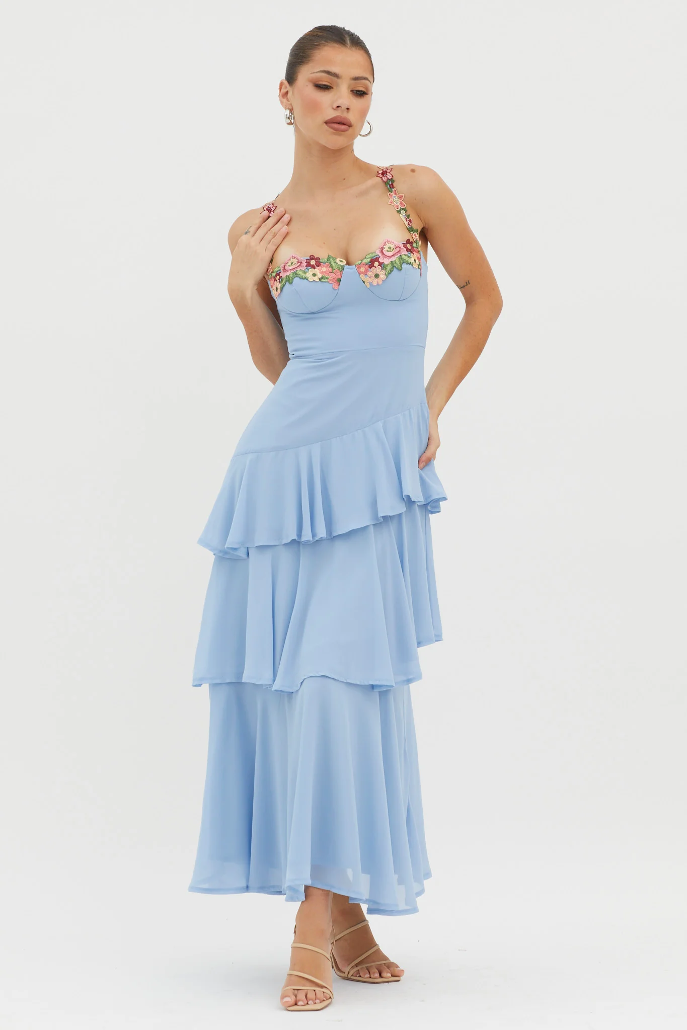 Rose Garden Tiered Ruffle Floral Trim Dress Blue - Image 5