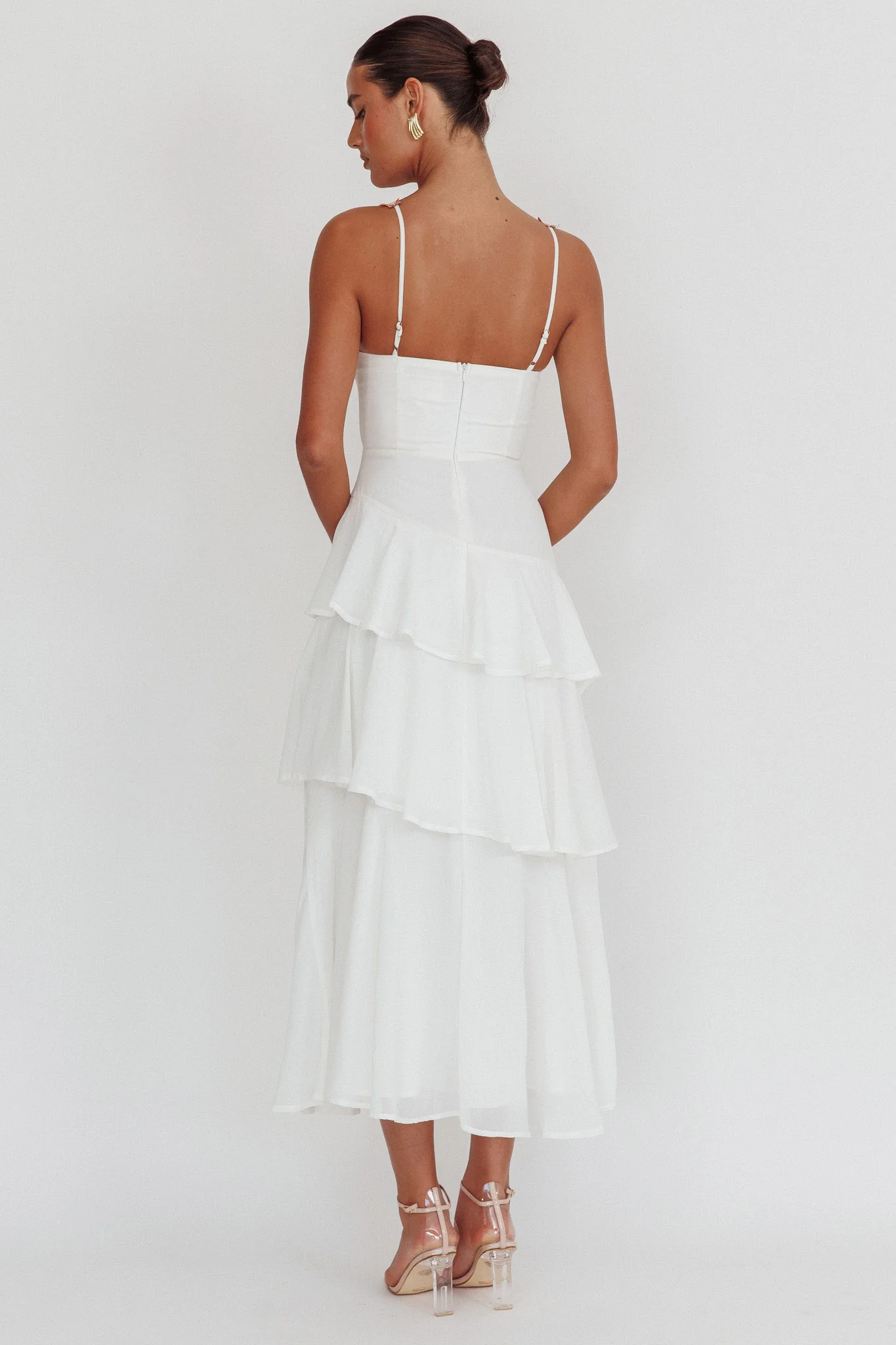 Rose Garden Tiered Ruffle Floral Trim Maxi Dress White - Image 2