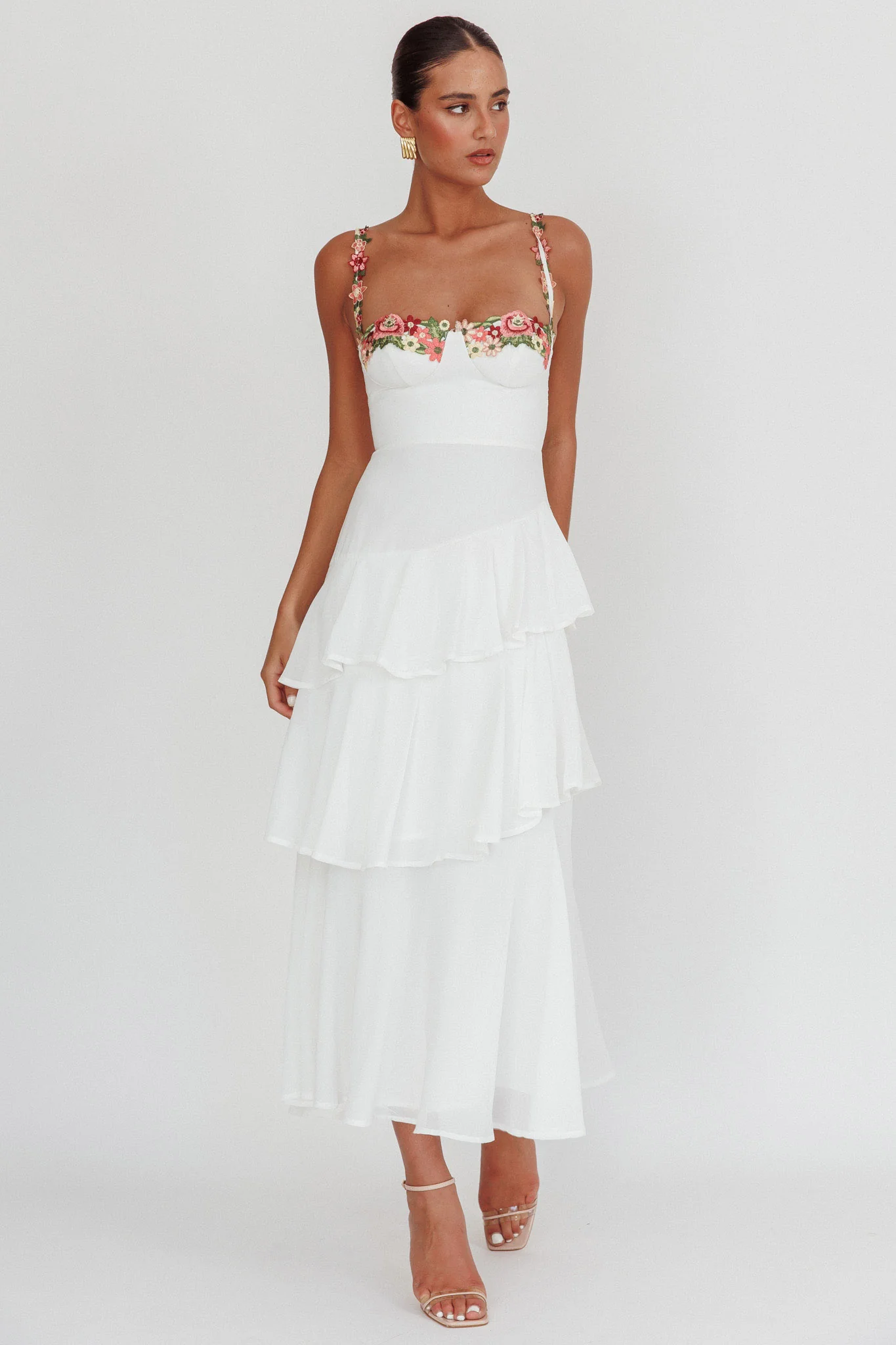 Rose Garden Tiered Ruffle Floral Trim Maxi Dress White - Image 3